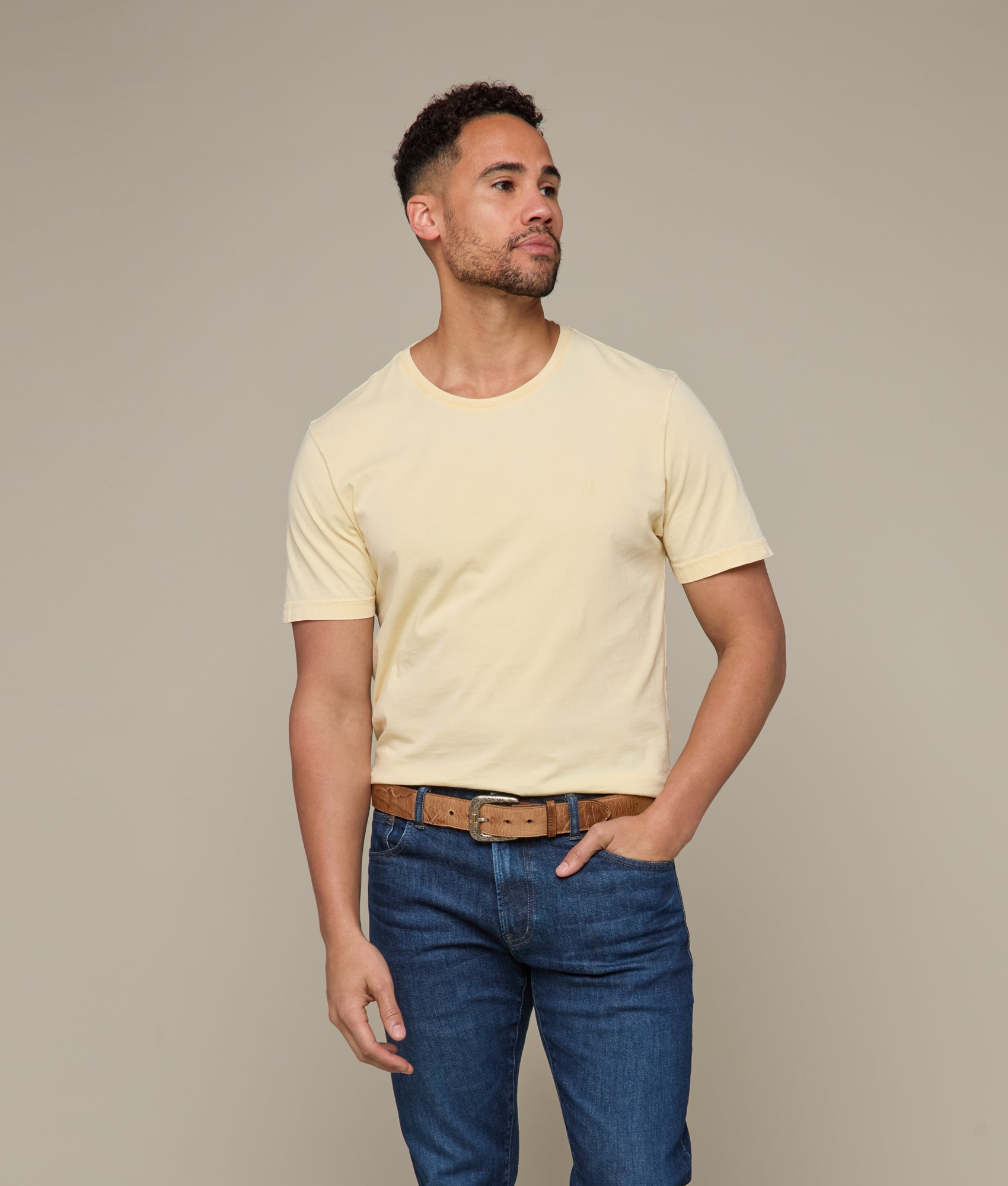 Lucchese Crewneck T-Shirt for Men - Soft Cotton Comfort Tee in Cream | Casual Wear, Layering & Everyday Outfits