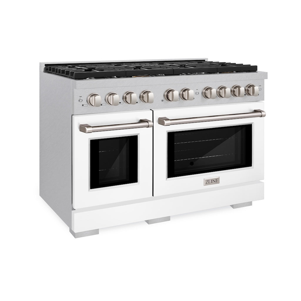 ZLINE 48-Inch 6.7 cu. ft. Double Oven Gas Range with 8-Burner Cooktop - Satin Stainless Steel & White Matte Doors (SGRS-WM-48) | Professional Kitchen Appliance for Home Chefs & Baking Enthusiasts