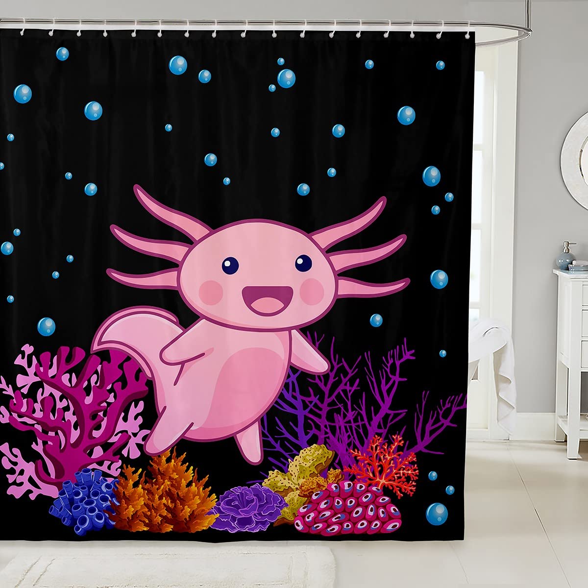 Cute Axolotl Shower Curtain - Coral Reef Bathroom Decor for Kids & Teens