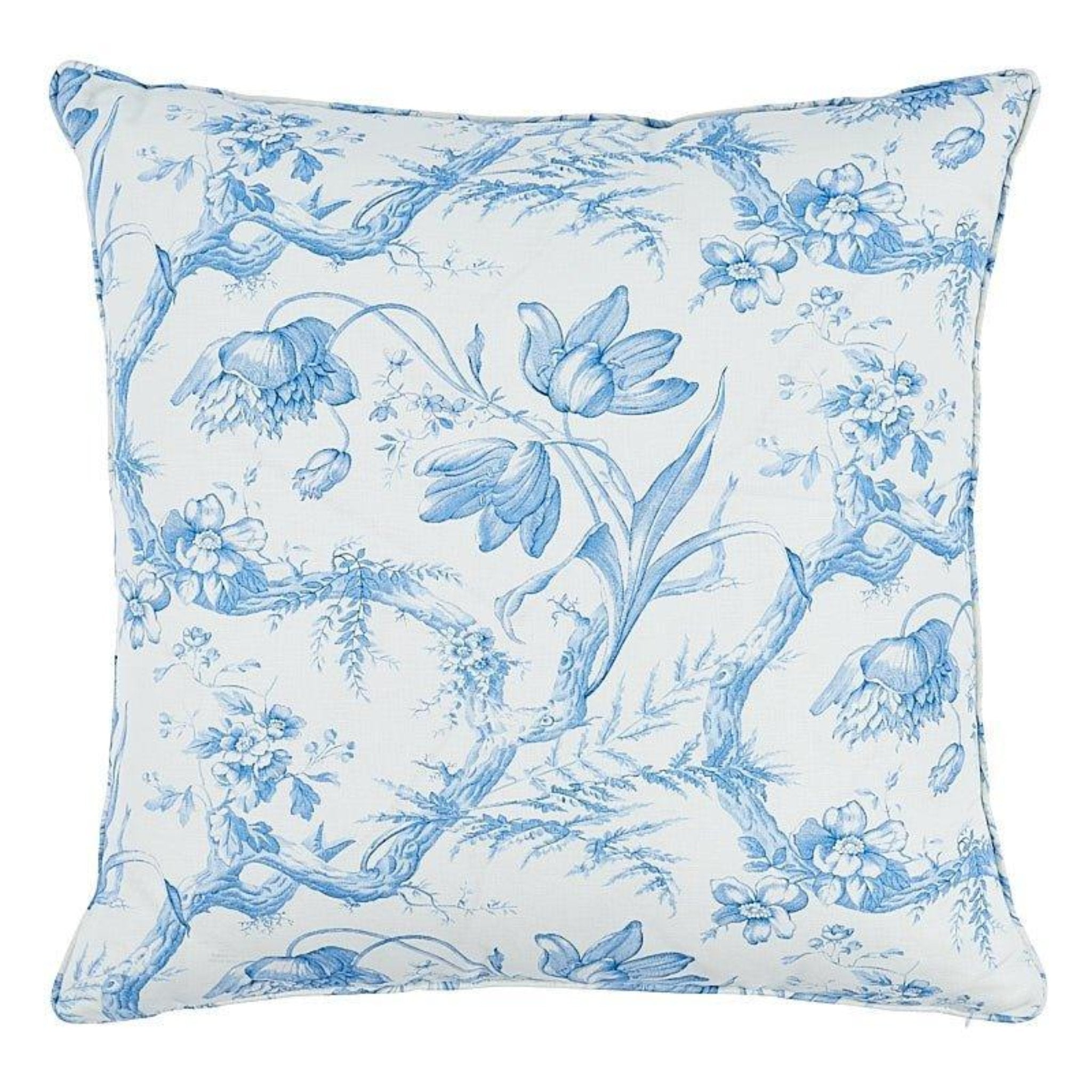 Blue & White Toile De Fleurs 22-Inch Decorative Throw Pillow - Perfect for Sofa, Bed & Home Decor