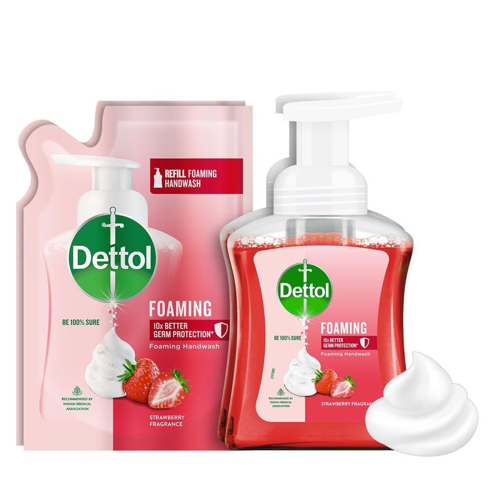 Dettol Foaming Hand Wash Pump with Refill - Strawberry Scent (250ml + 200ml) 2-Pack | Antibacterial Rich Foam Handwash | Moisturizing & Gentle on Skin | Perfect for Home, Office & Travel Hygiene