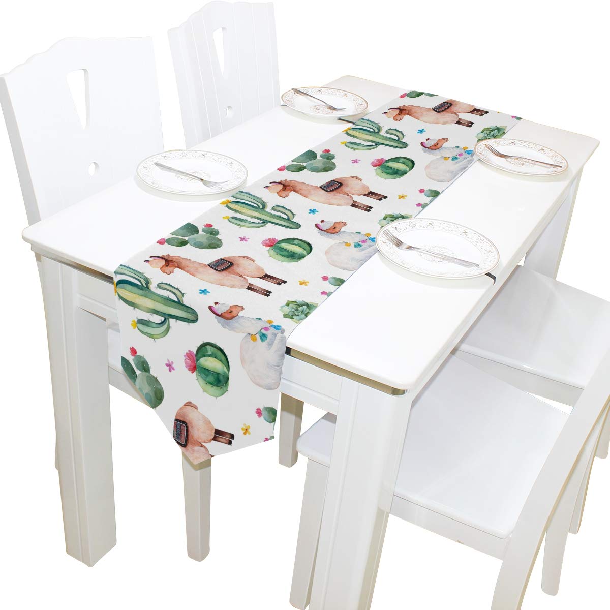 MOYYO Green Cactus & Cute Llamas Alpaca Table Runner - 13 x 70 Inch Polyester Tablecloth for Coffee Tables, Weddings, Parties & Home Decor | Perfect for Dining Room, Kitchen, Banquets, and Special Events