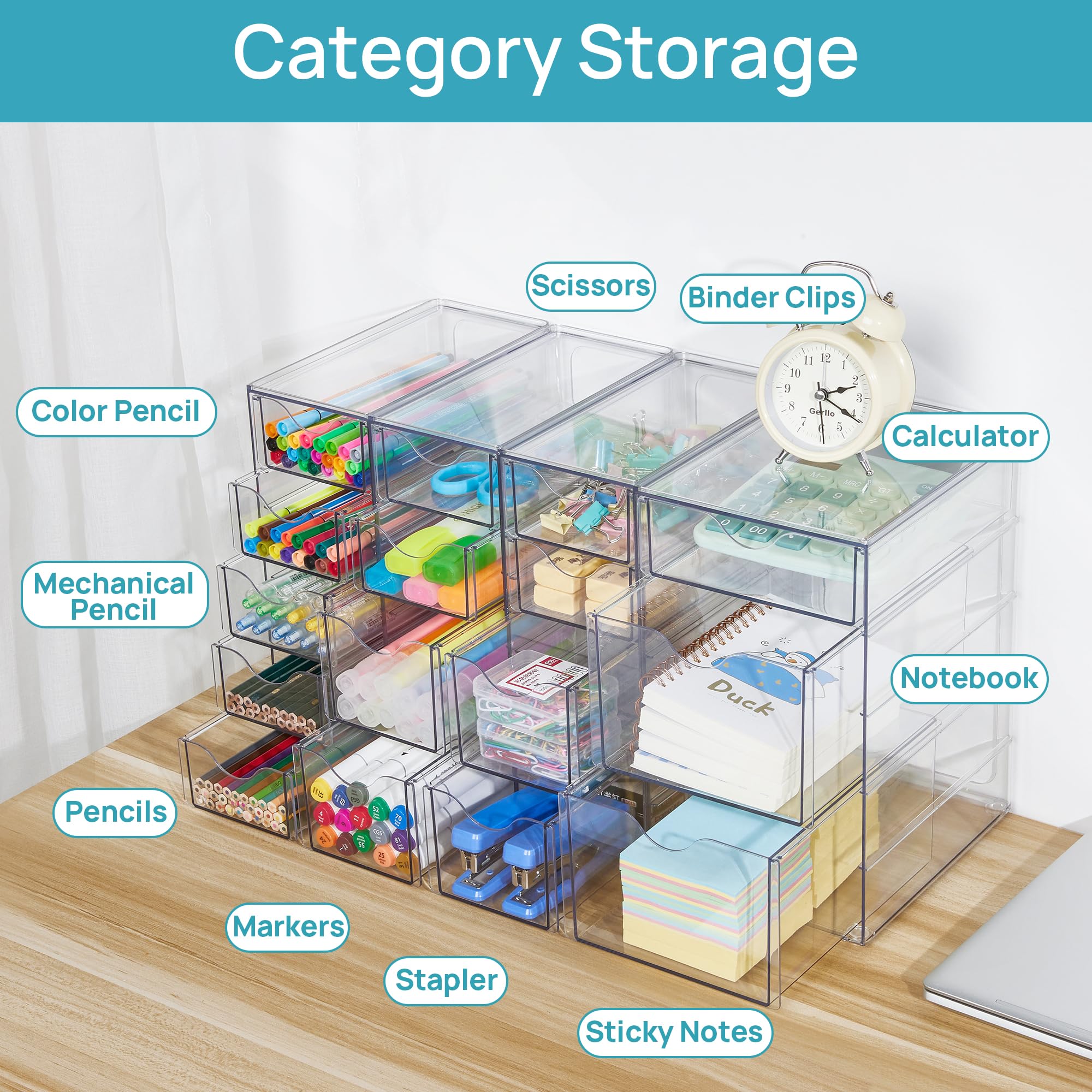 Vtopmart 16-Drawer Acrylic Organizer Set (4 Pack) - Clear Storage for Office Supplies, Makeup, Jewelry & Art Crafts | Perfect for Desk Organization, Home & Office Use