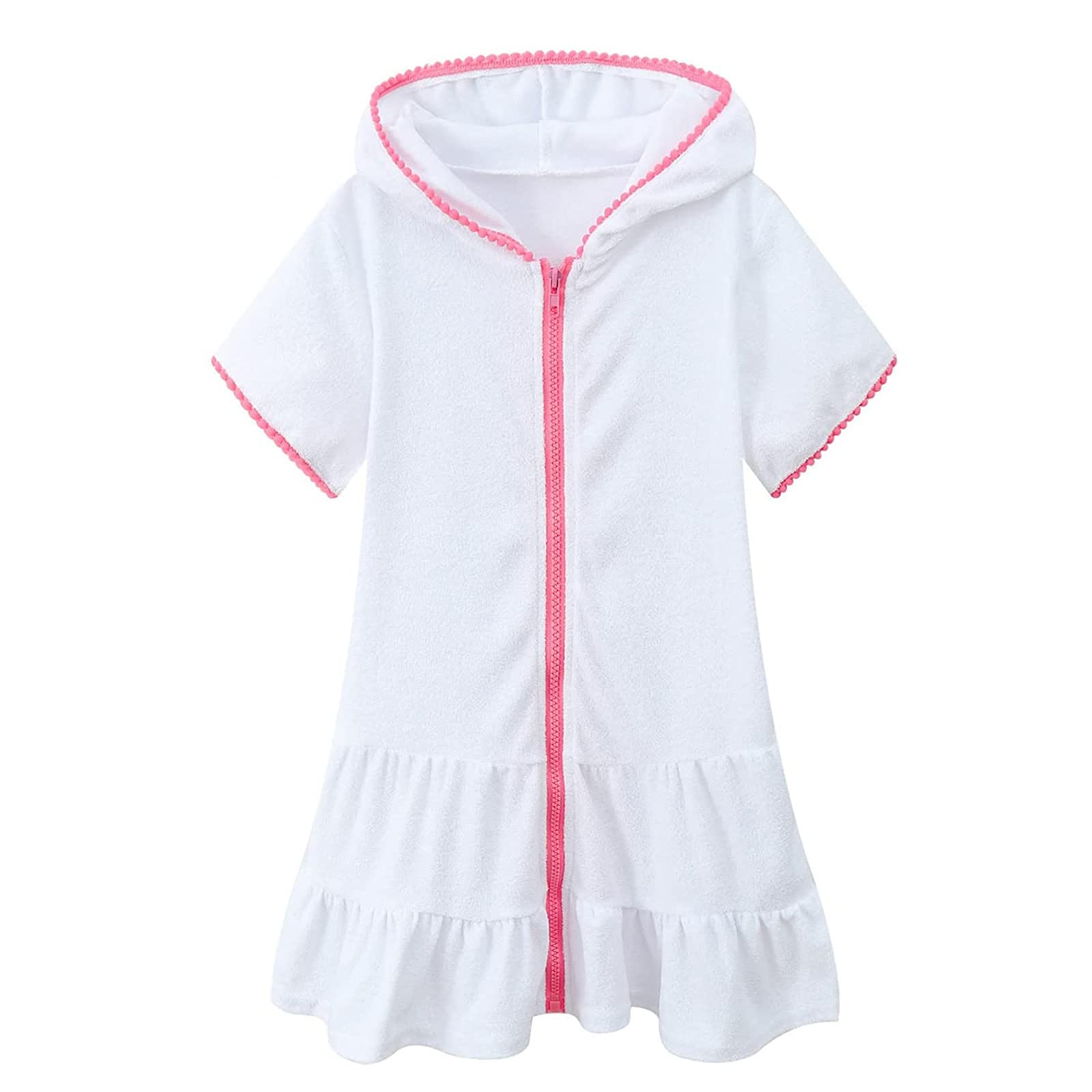 Little Girl Swim Cover Up Hooded Bathrobe - Kids Zip Up Beach Bathing Suit Coverup for Pool & Beach Outings - White