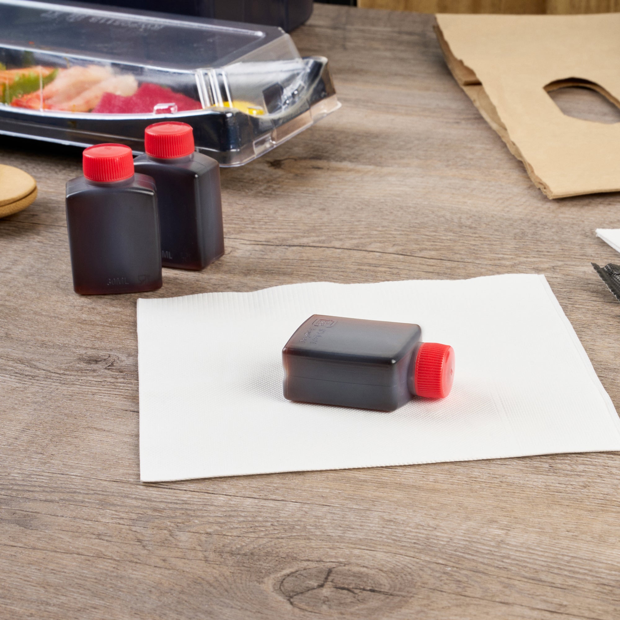 Bento Tek 1 oz Clear Plastic Soy Sauce Bottles with Red Caps (Pack of 1000) - Perfect for Restaurants, Sushi Bars & Home Meal Prep - 1.5