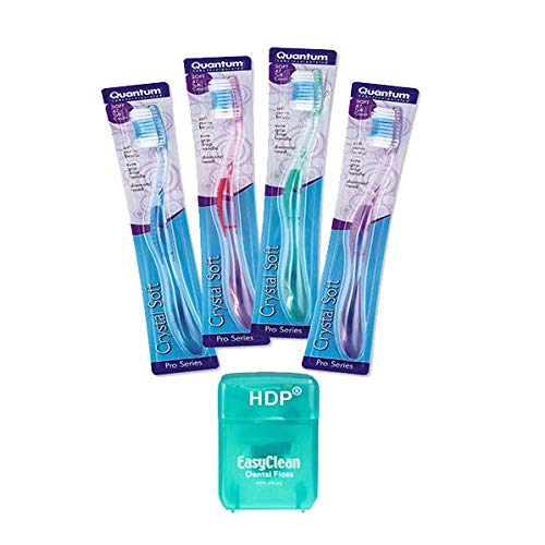 HDP Crystal Soft Toothbrush with Floss - Pack of 4 (Crystal Color) - Gentle Dental Care for Sensitive Teeth & Gums - Perfect for Travel, Home & Office Use