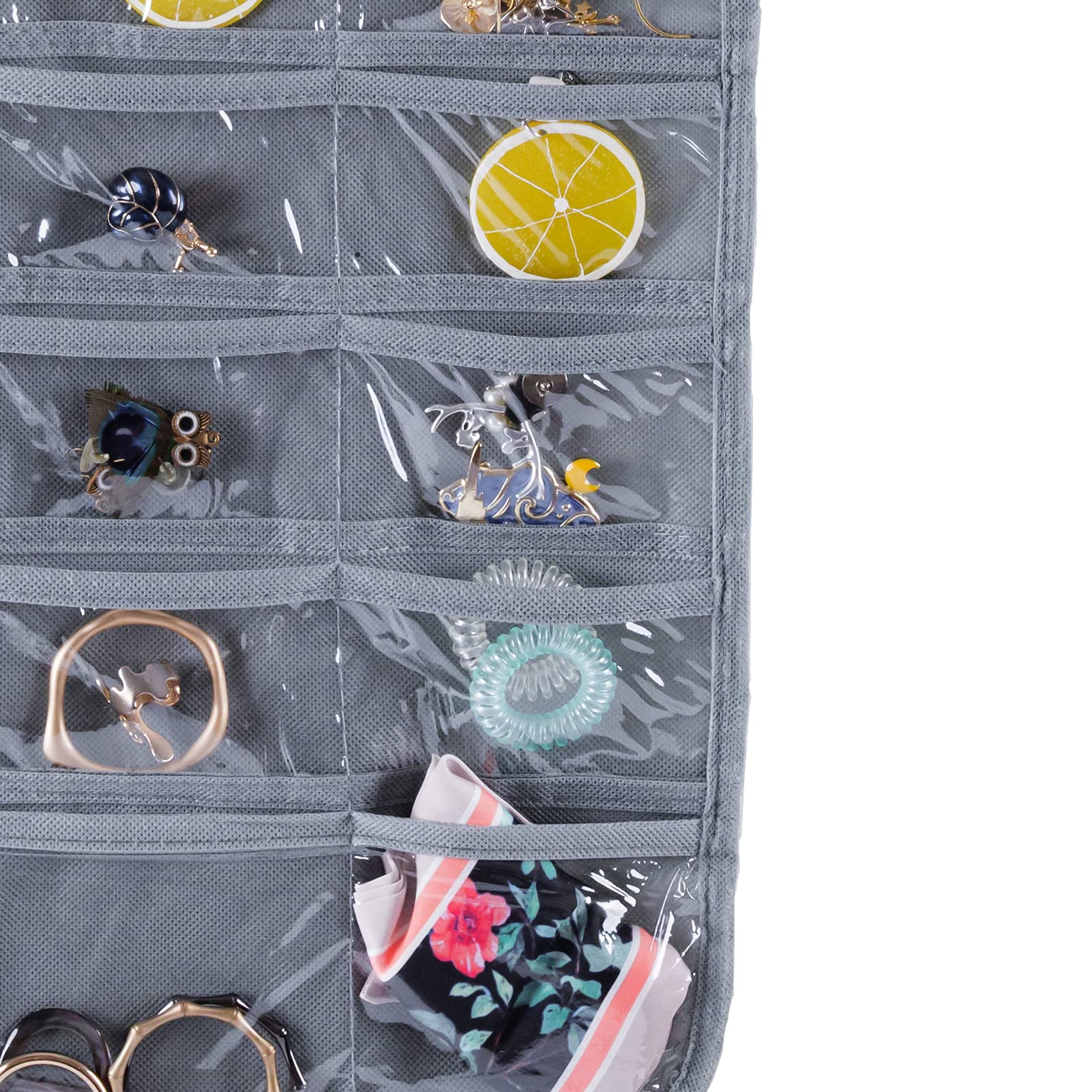 Double Sided 80 Pocket Jewelry Organizer - Bloss Hanging Jewelry Storage Bag with 2 Fabric Layers for Necklaces, Bracelets, Earrings, Rings & Knitting Tools | Perfect for Bedroom, Closet & Travel Organization (Black/Gray)