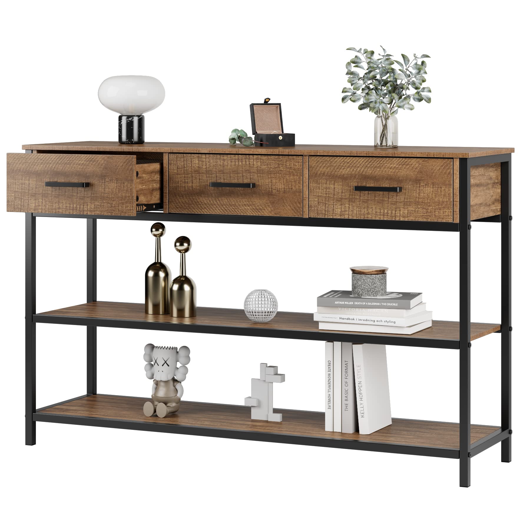 HIFIT 3-Drawer Industrial Console Table with Storage Shelves - Rustic Narrow Sofa Table for Entryway, Living Room & Hallway - Sturdy Metal Frame in Walnut Brown - Perfect for Small Space Organization & Home Decor