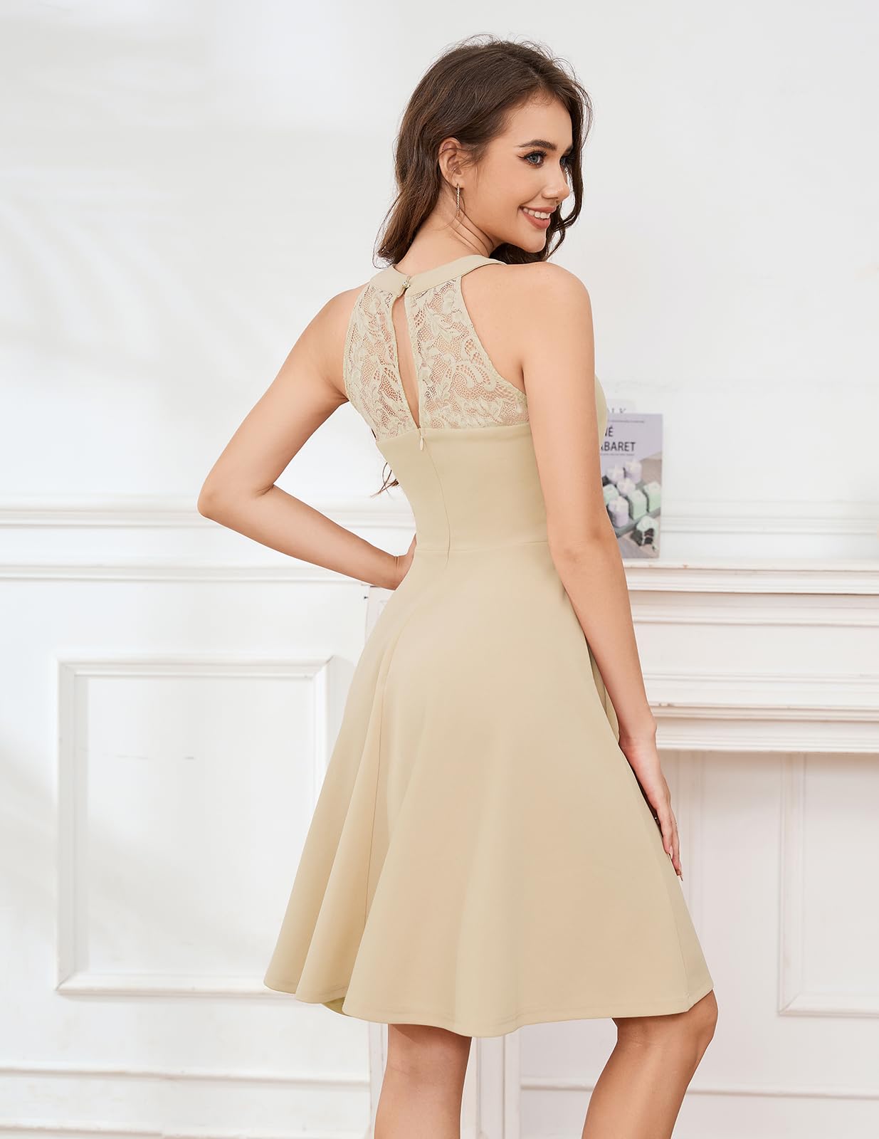 Elegant Women's Cocktail Prom Wedding Dress - Halter Neck Lace Vintage Short Evening Party Gown for Homecoming, Bridal Shower & Special Occasions