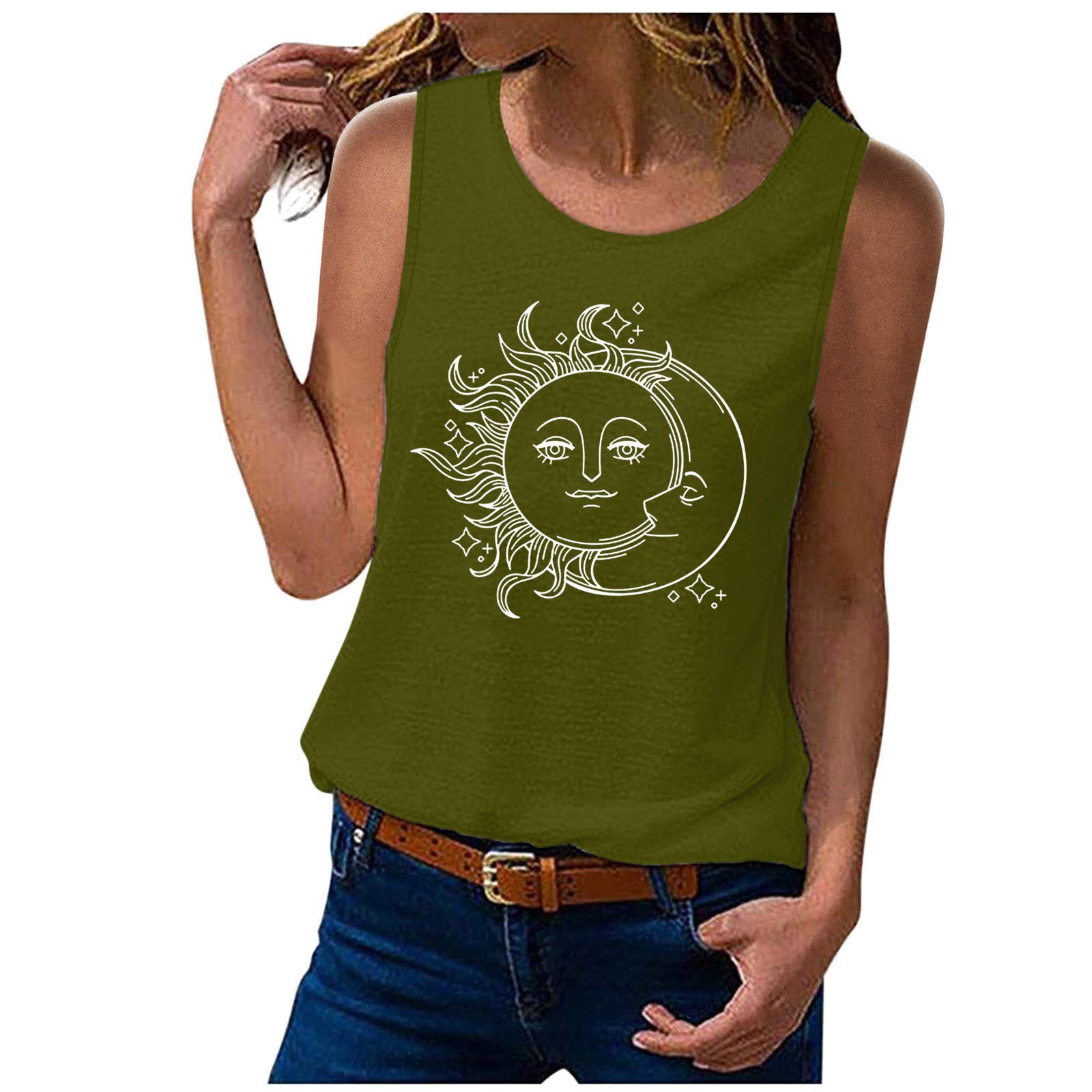 Women's Casual Sleeveless Printed Tank Top - Fashion Sun & Moon Graphic Blouse, O-Neck White Shirt for Summer, Gym, Beach & Everyday Wear