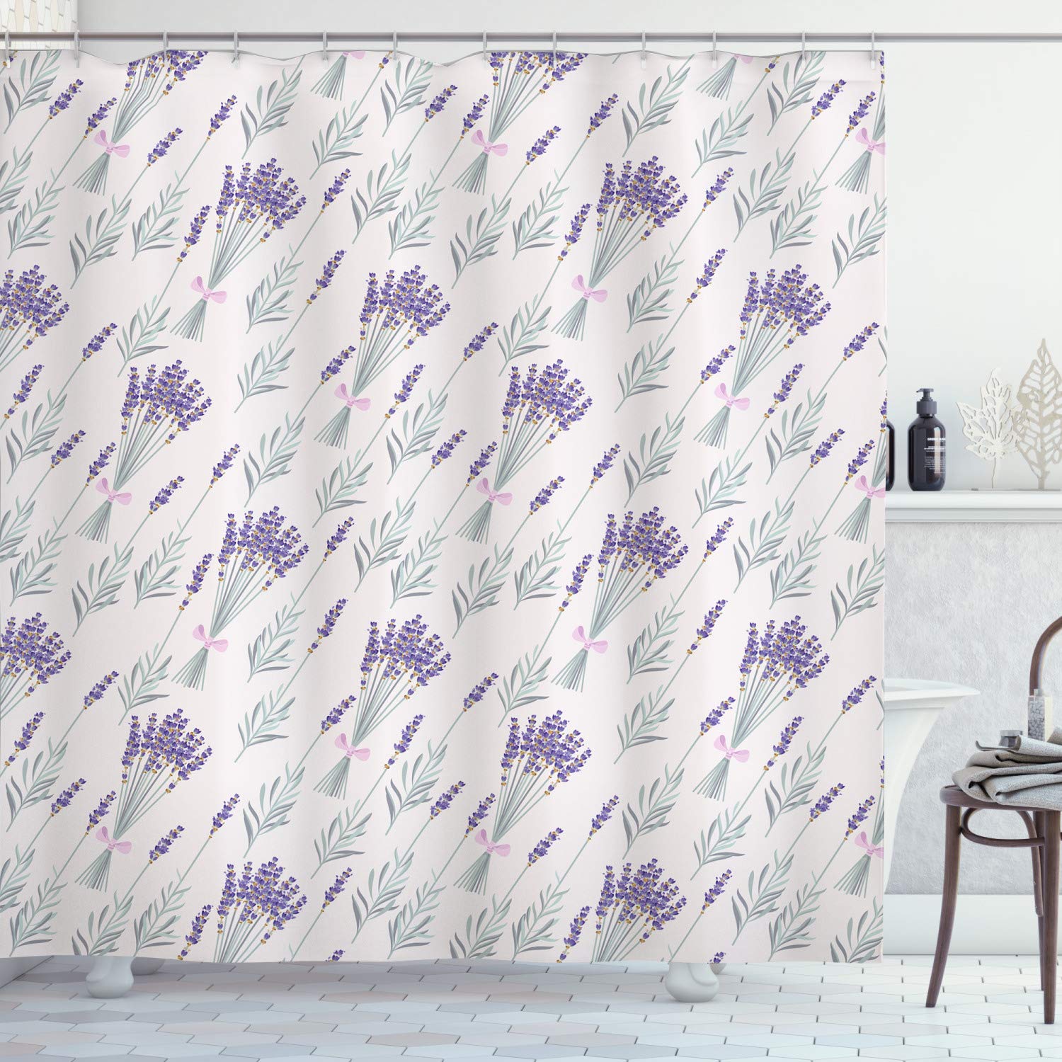 Ambesonne Lavender Shower Curtain - Botany Flowers Ribbon Blossom Pastel Tone Fabric Bathroom Decor with Hooks, 69x70 Inches, Pearl Lavender - Elegant Bathroom Upgrade for Home & Hotel Use