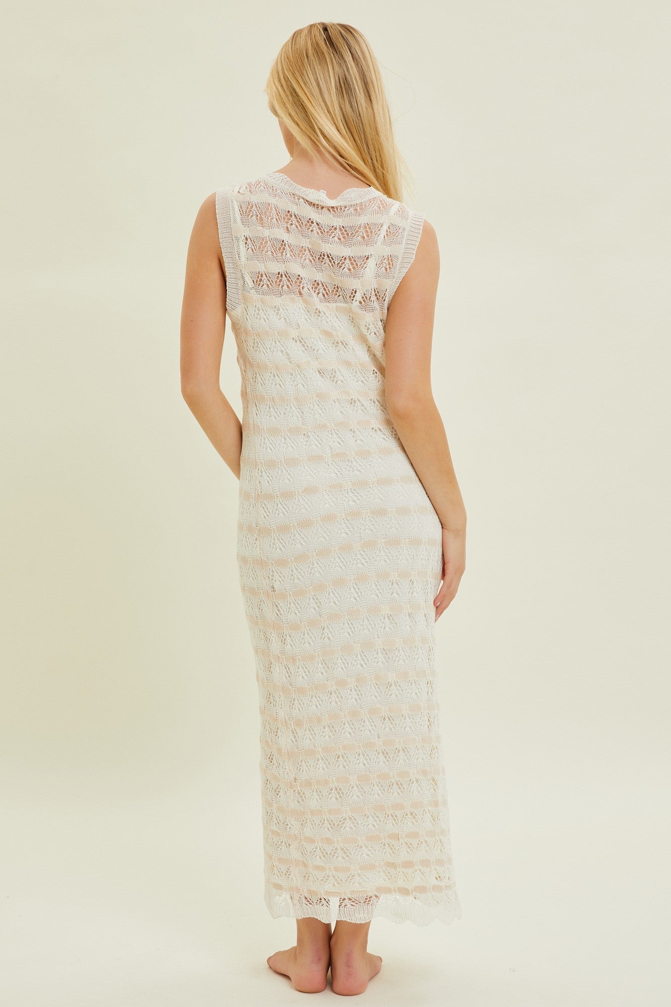 Beige Crochet Knit Sleeveless Midi Dress for Women - Summer Boho Beach Dress, Casual Sundress for Vacation, Party & Date Night