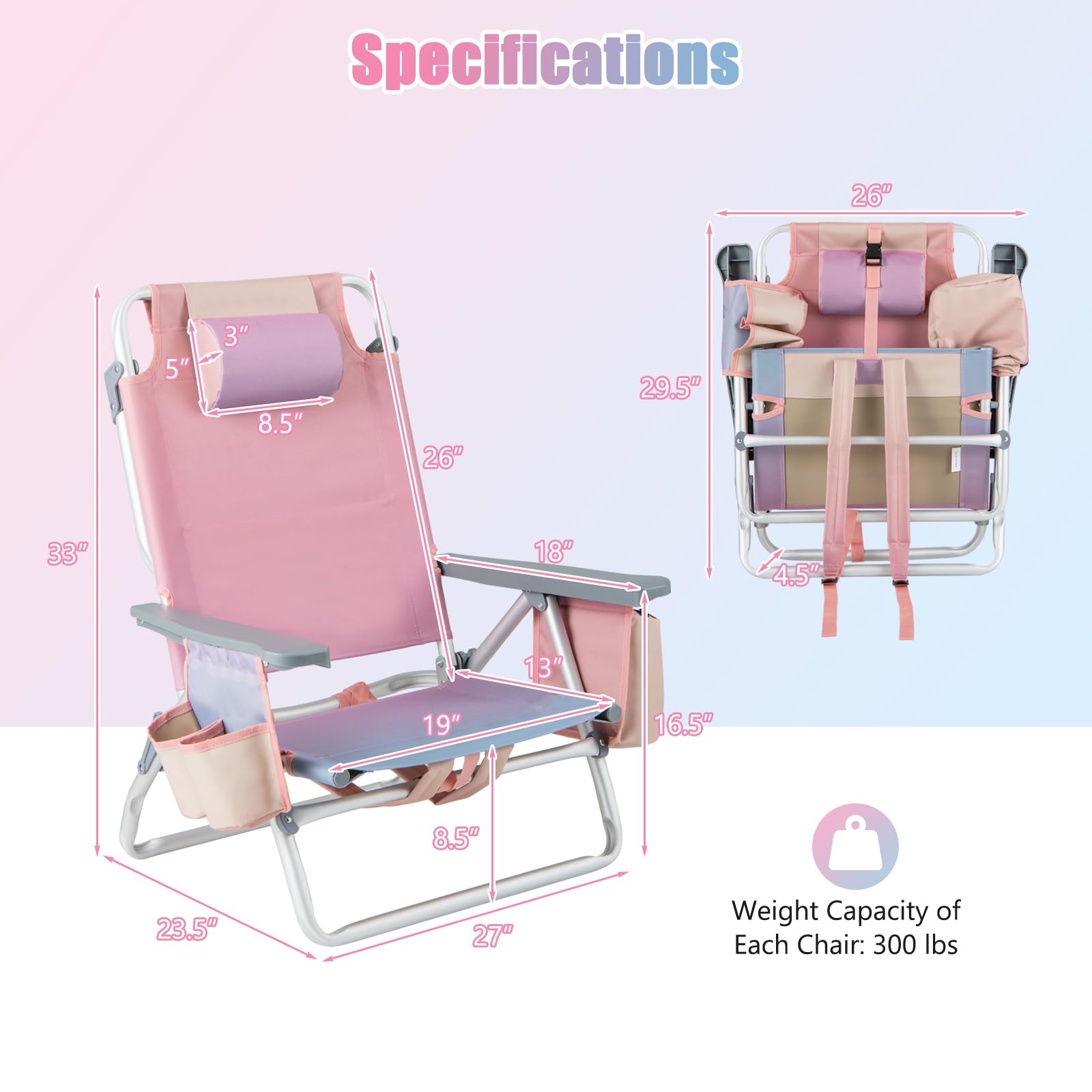 GYMAX 2-Pack Portable Beach Chairs with Cooler Bag & Cup Holder - Lightweight Folding Camping Chairs with Armrests, Towel Bar & Side Pockets for Outdoor, Backyard, Pool Party, Beach Sunbathing (Pink)