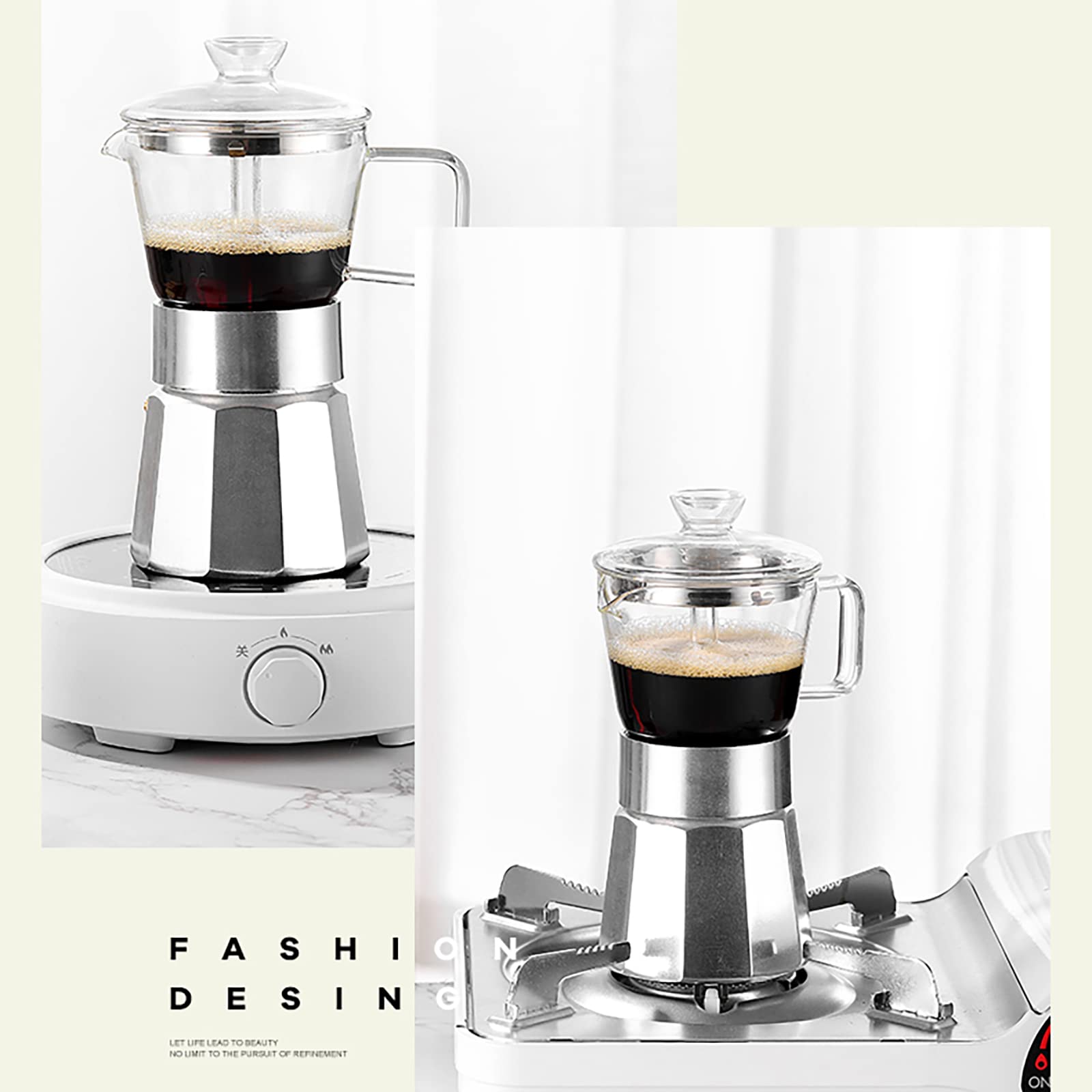 Moka Stovetop Espresso Maker - 240ml (6 Cup) Italian Coffee Pot with Crystal Glass Top & Aluminum Body - Perfect for Home Brewing, Camping & Gifts