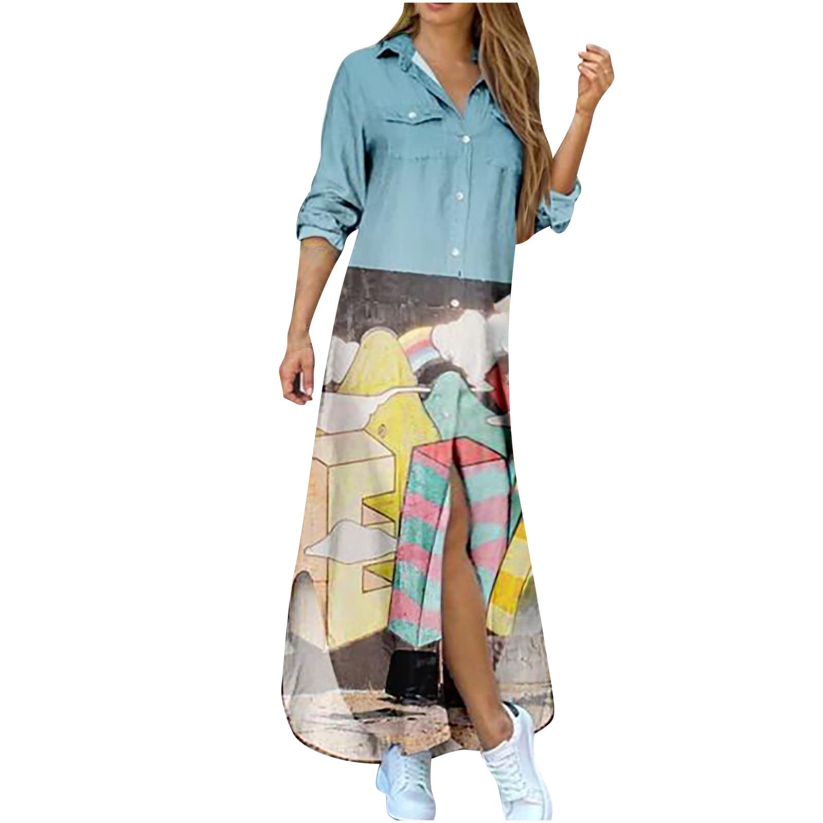 Women's Summer Casual Maxi Dress - Floral Print Button Down Long Sleeve Loose Fit Side Split Long Dress for Beach, Vacation & Outdoor Activities