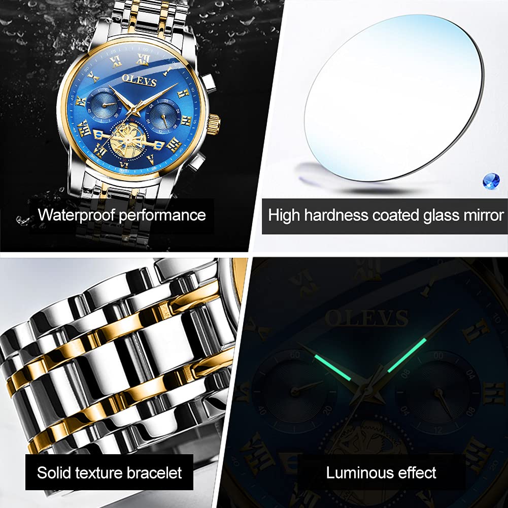 OLEVS Men's Stainless Steel Multifunction Watch - Waterproof Luminous Chronograph with Date Display, Classic Casual Dress Wristwatch for Business, Outdoor & Daily Wear