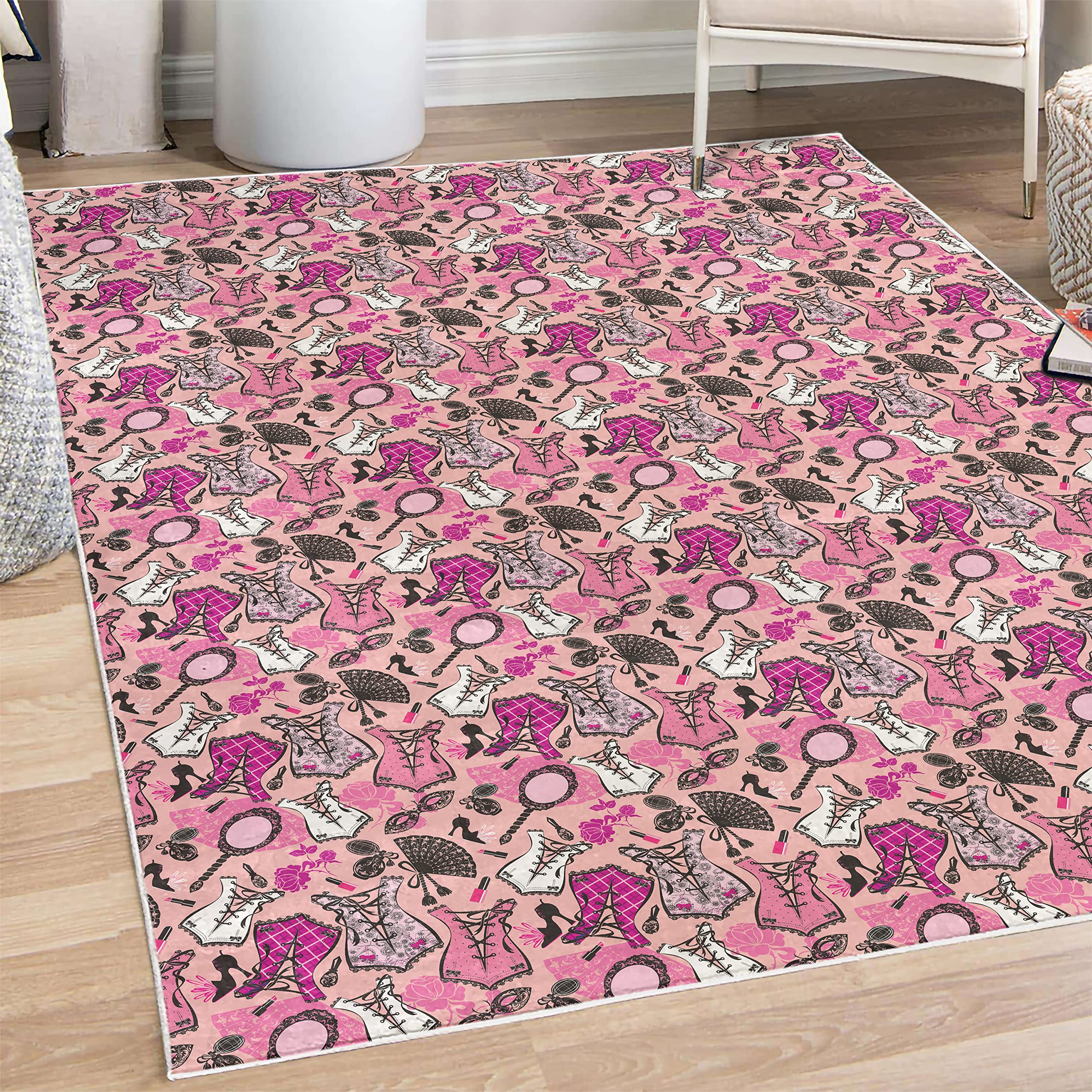 Vintage Floral Area Rug with Corset, Perfume & Lipstick Design - 5'1