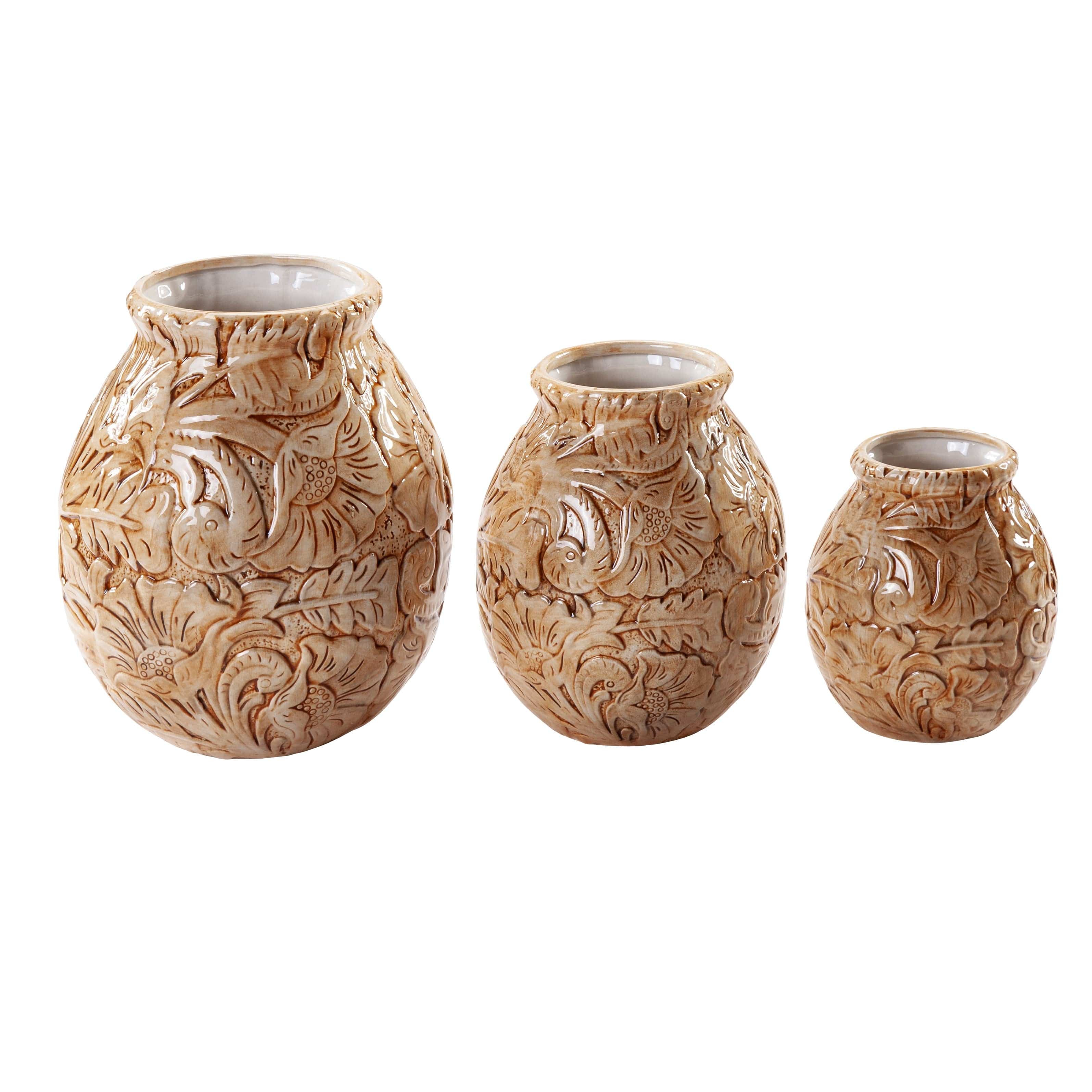 Handcrafted Chestnut Tooled Leather 3-Piece Vase Set - Boho Home Decor for Living Room, Bedroom & Office Centerpieces