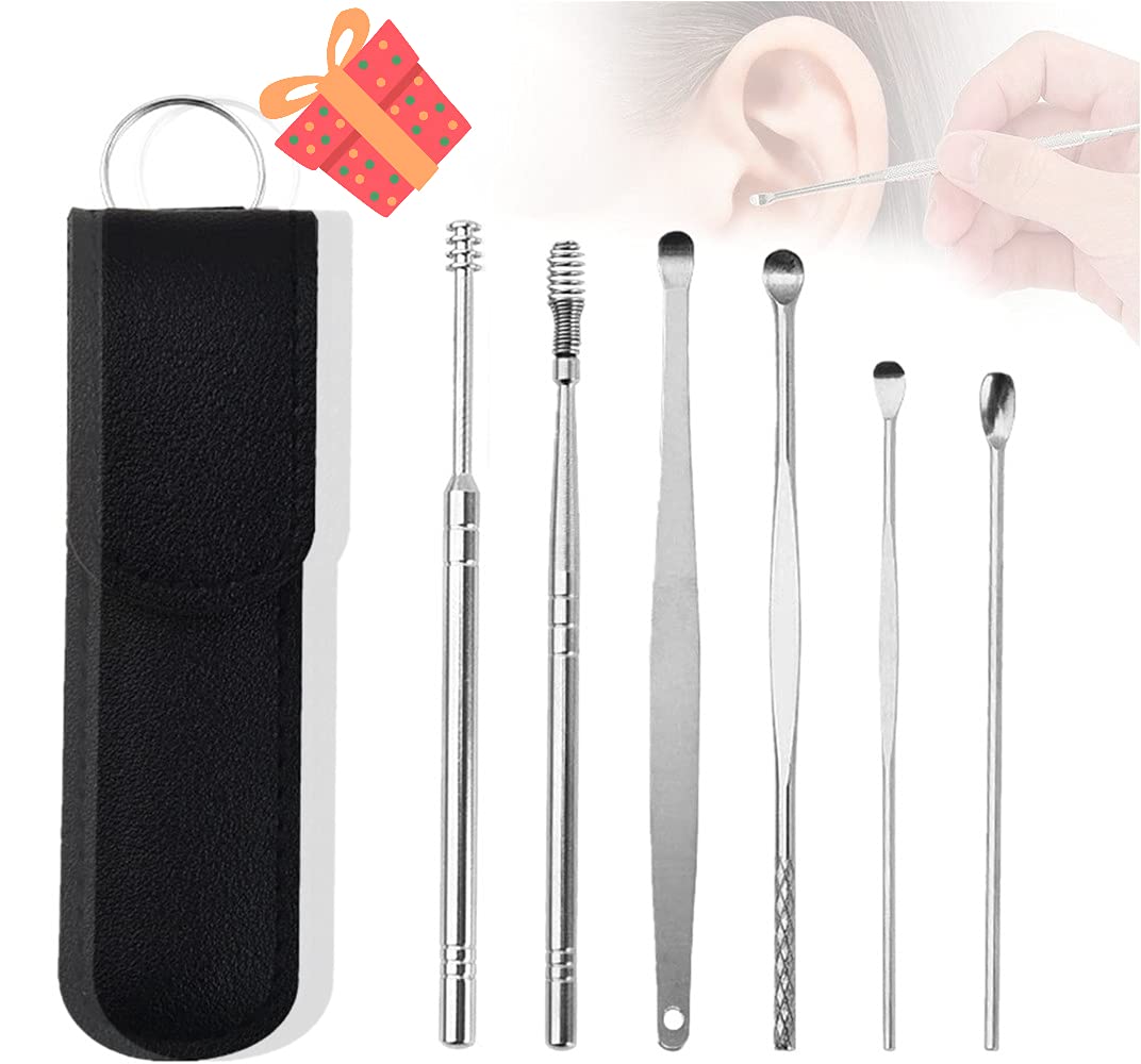 6PCS Stainless Steel Ear Wax Cleaner Tool Set - Safe & Hygienic Ear Pick Removal Kit with Curette for Men & Women - Perfect for Home, Travel, and Personal Ear Care (Black)