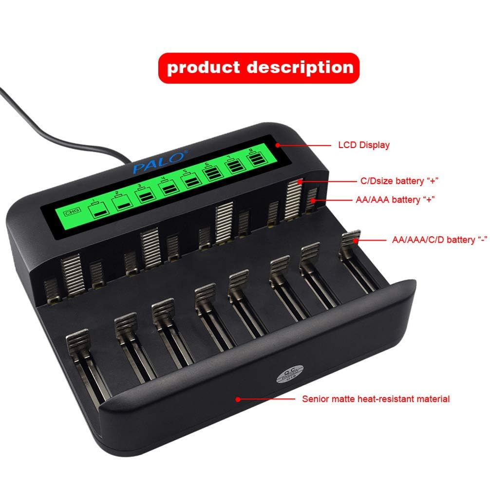 CITYORK 4 Pack Rechargeable D Batteries 10000mAh with 8 Bay Charger - Compatible with 1.2V AA/AAA/C/D Ni-MH Ni-CD Batteries - Perfect for Flashlights, Toys, Cameras, and Electronic Devices