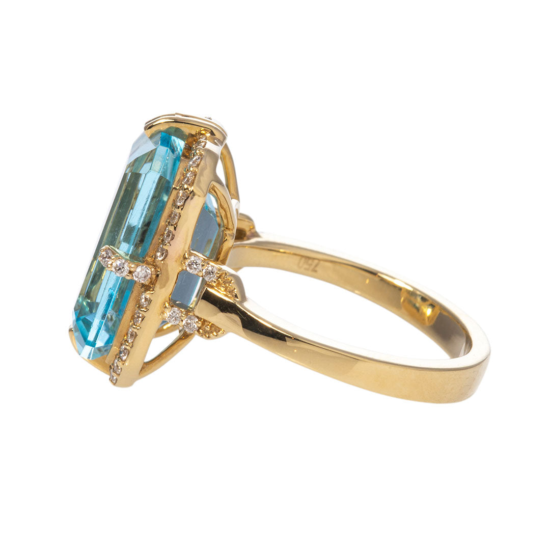 Goshwara 18K Gold Emerald Cut Blue Topaz & Diamond Ring for Women – Elegant Jewelry Gift for Engagement, Wedding, Anniversary & Special Occasions
