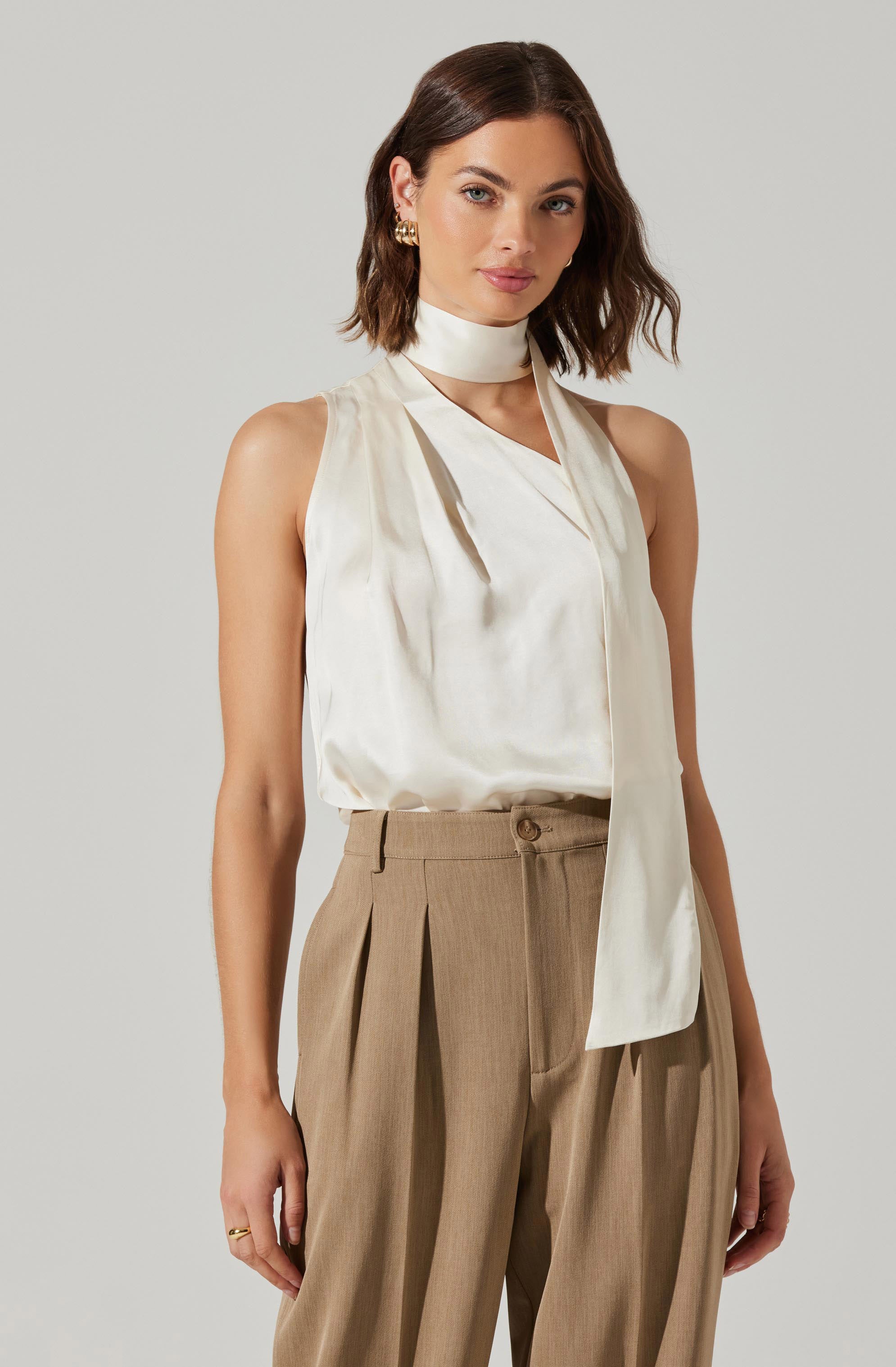 Stylish Partia Scarf Detail Asymmetric Top for Women - Trendy Asymmetrical Blouse with Scarf Accent - Perfect for Casual Outings, Office Wear & Date Nights