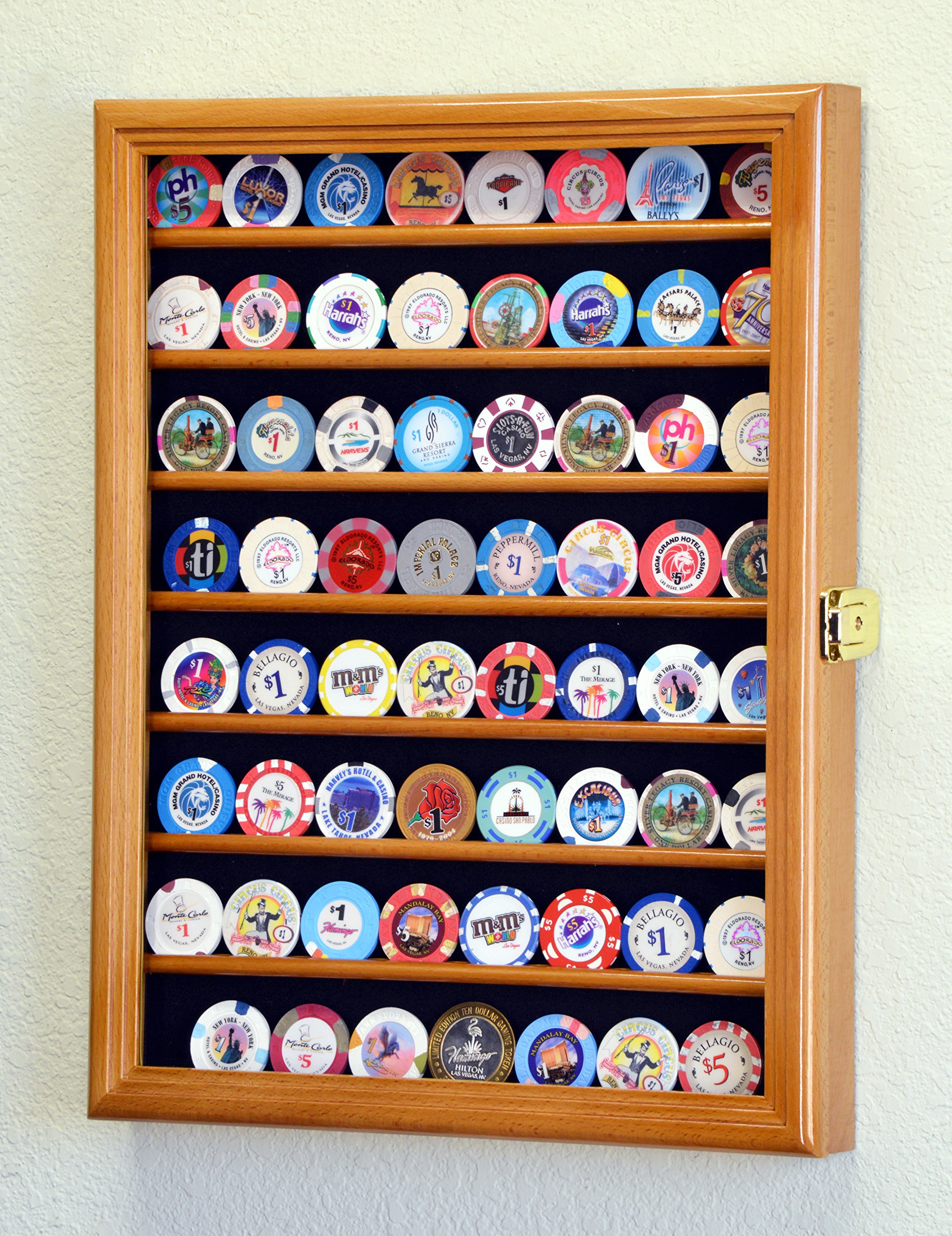 64-Slot Casino Chip Display Case - Lockable Oak Wood Wall Cabinet with 98% UV Protection for Poker Chips & Collectibles - Perfect for Home Game Rooms, Bars, and Casino Themed Decor