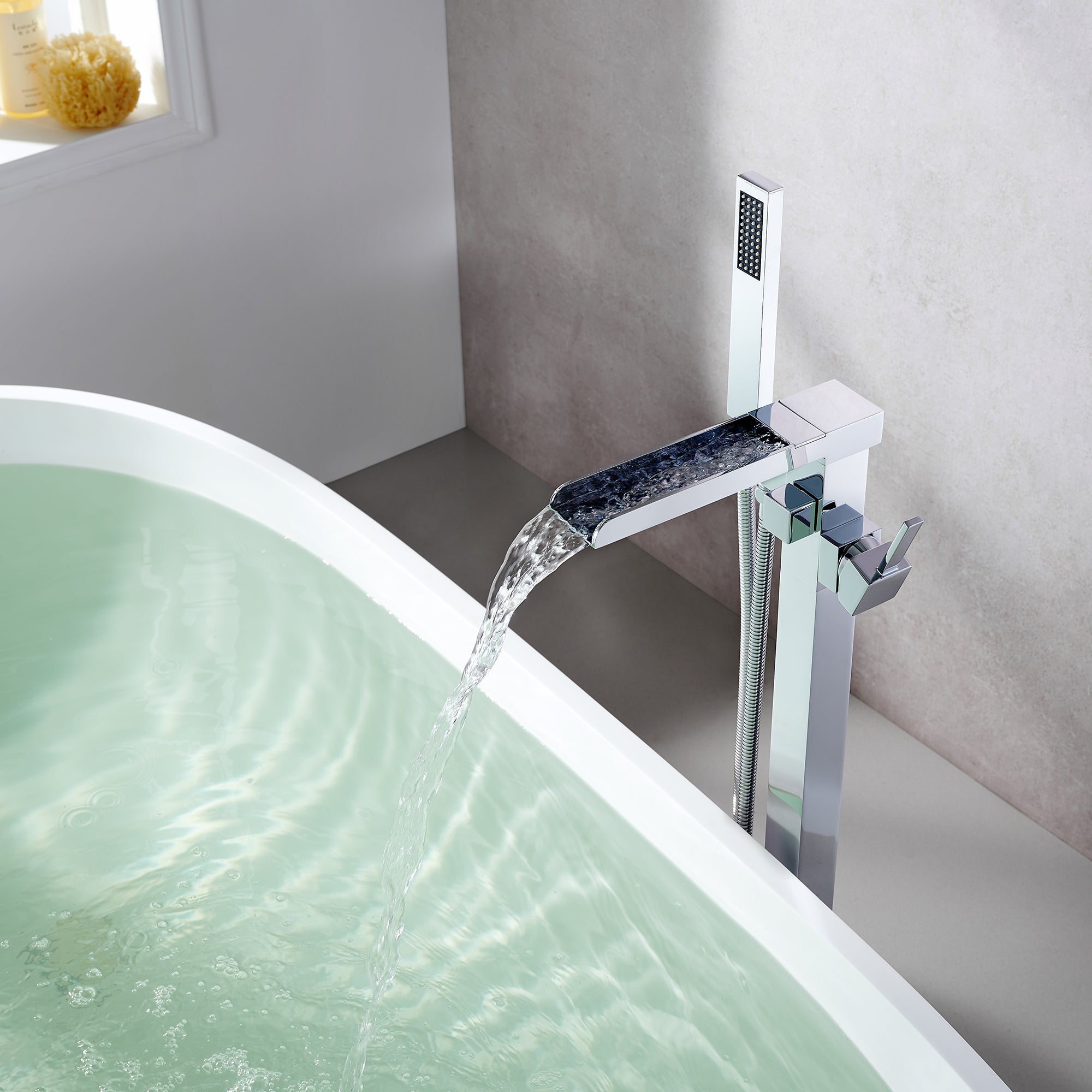 Camino Single Lever Freestanding Floor Mounted Bathtub Filler with Hand Shower - Modern Bathroom Faucet for Luxury Soaking Tubs & Spa Relaxation