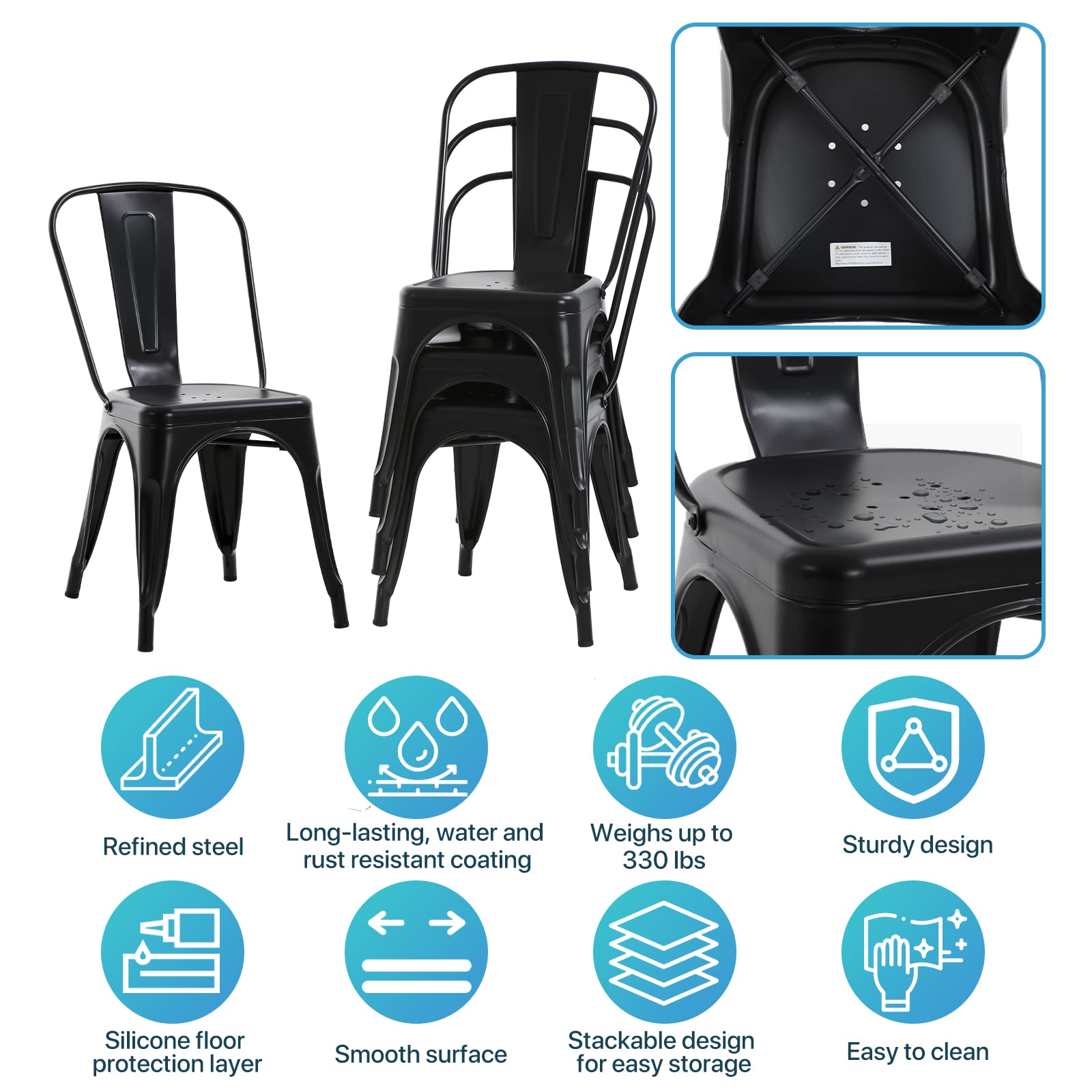 Tolix Metal Dining Chairs Set of 2 - 18 Inch Seat Height Stackable Indoor Outdoor Black - Perfect for Patio, Restaurant, Cafe and Home Dining Room