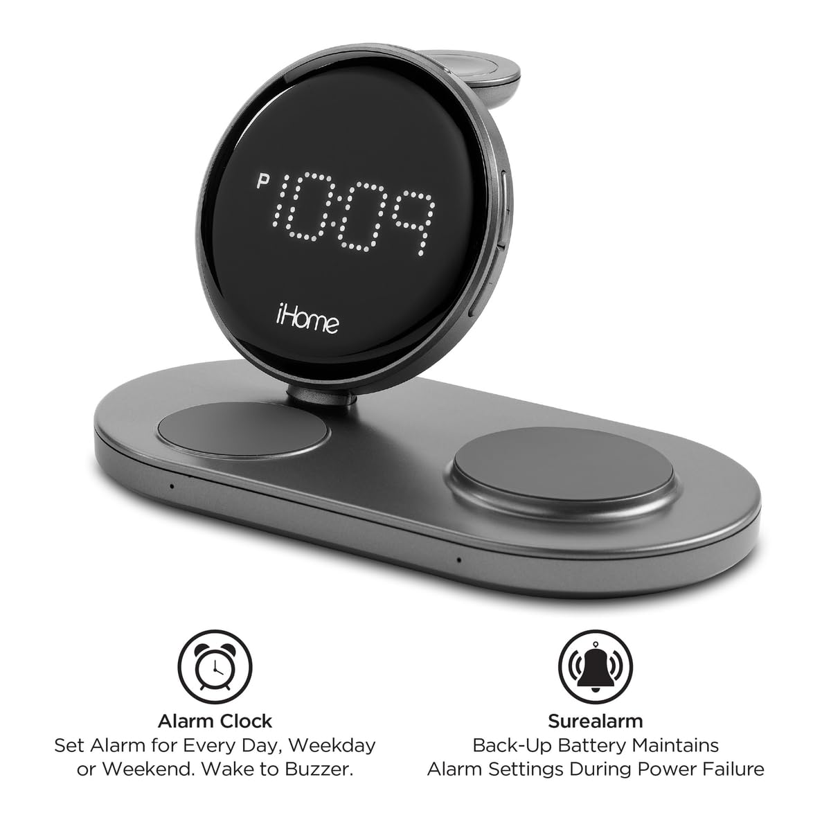 iHome POWERVALET Quad 4-in-1 Dual Qi Wireless Fast Charger for iPhone, AirPods, Apple Watch - 30W USB Charging Alarm Clock with Nightstand Mode | Perfect for Bedroom, Office & Travel (iWW33)
