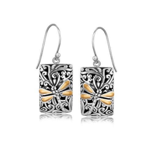 18K Yellow Gold & Sterling Silver Dragonfly Drop Earrings for Women - Elegant Rectangular Dangle Earrings for Party, Wedding & Everyday Wear