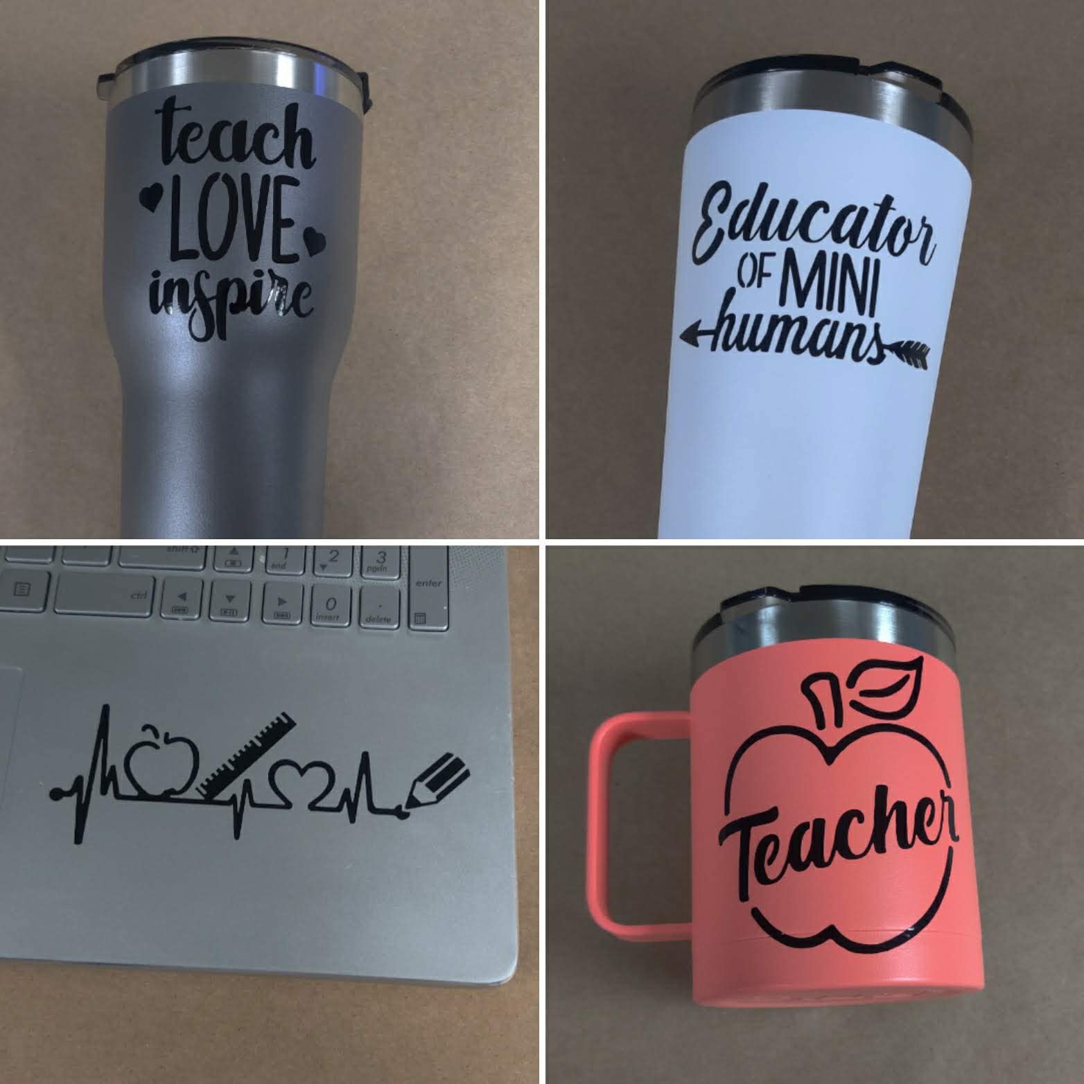 4 Pack Teacher Decals - Teach Love Inspire, Teacher Heartbeat, Apple & Educator of Little Humans (3.5