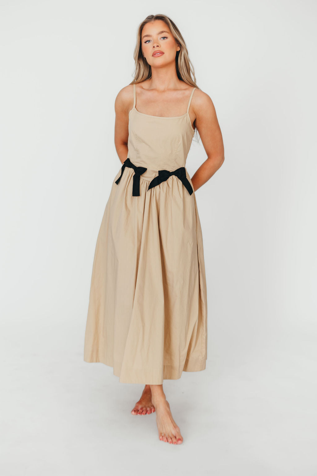 Celeste Square Neck Midi Dress with Bow Detail in Khaki - Elegant Women's Summer Dress for Weddings, Parties & Date Nights