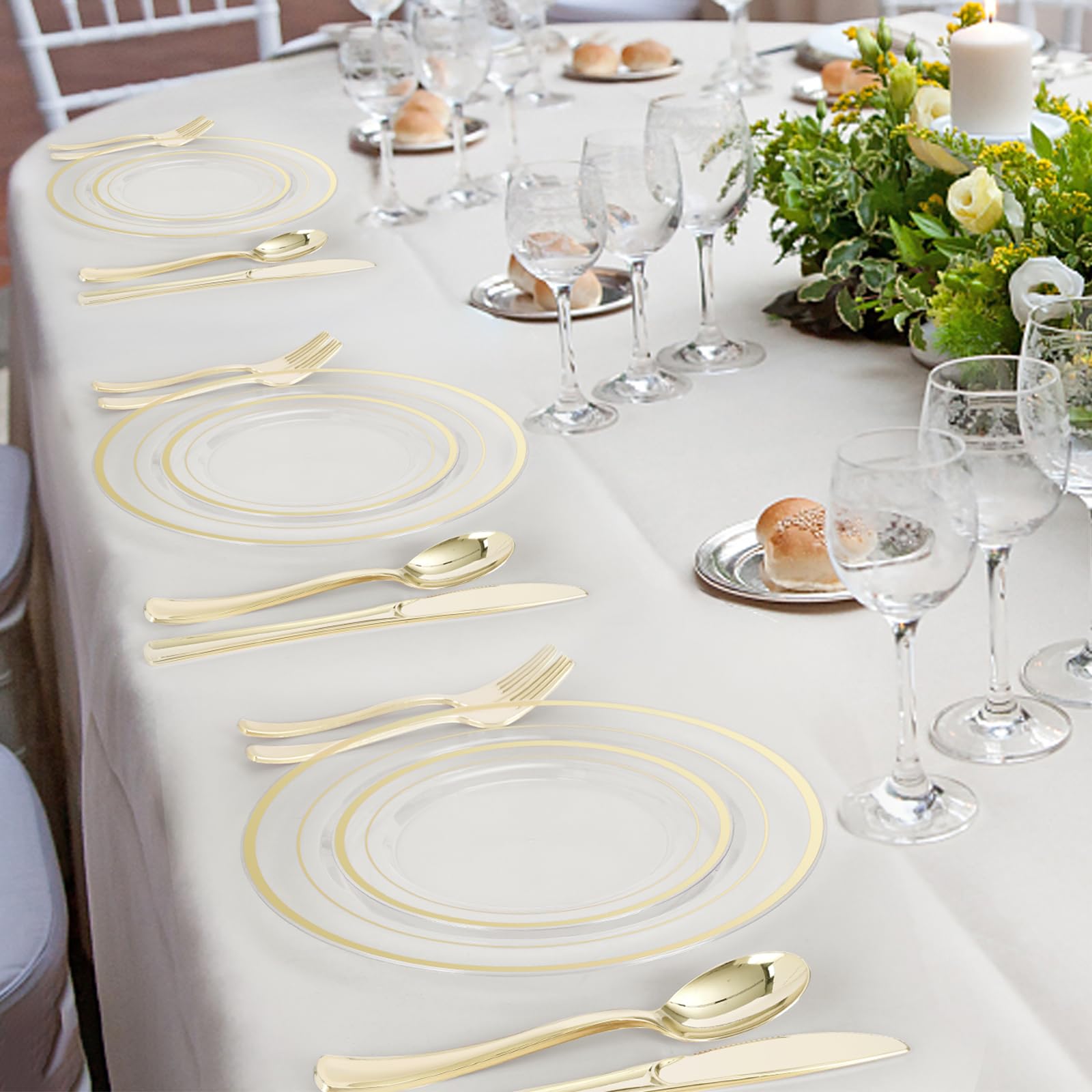 600-Piece Clear Gold Plastic Plate Set - Elegant Disposable Dinnerware for 100 Guests | Perfect for Weddings, Parties, Birthdays & Events (200 Plates, 200 Forks, 100 Spoons, 100 Knives) | Ideal for Catering, Buffets & Outdoor Gatherings