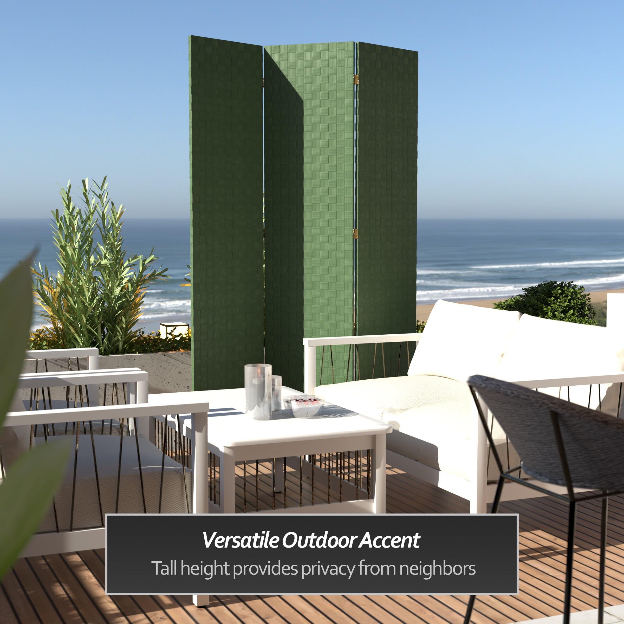 6 ft. Tall Red Lantern Woven Fiber Outdoor All-Weather 3-Panel Room Divider - Green Privacy Screen for Patio, Garden, or Balcony