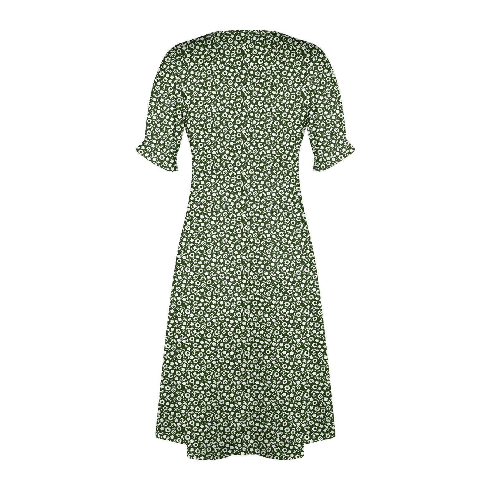 Women's Printed Ruffle Hem V-Neck Midi Dress - Short Sleeve Summer & Spring Elegant Dress 2024 | Casual Outing, Date Night, Office Wear