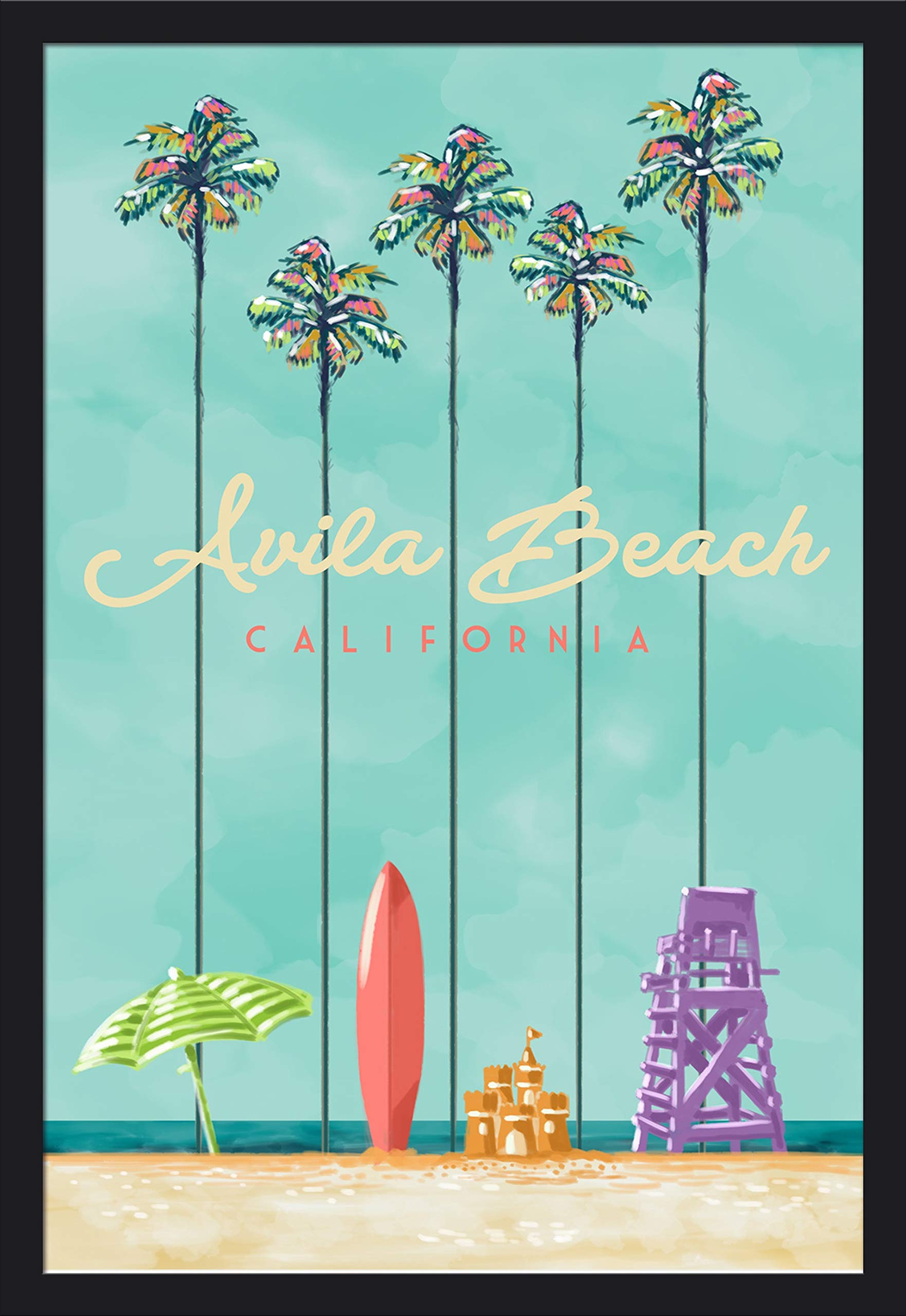 Avila Beach California Tall Palms Beach Scene 24x36 Giclee Art Print - Gallery Framed Black Wood Wall Decor - Perfect for Living Room, Bedroom or Office Coastal Decor