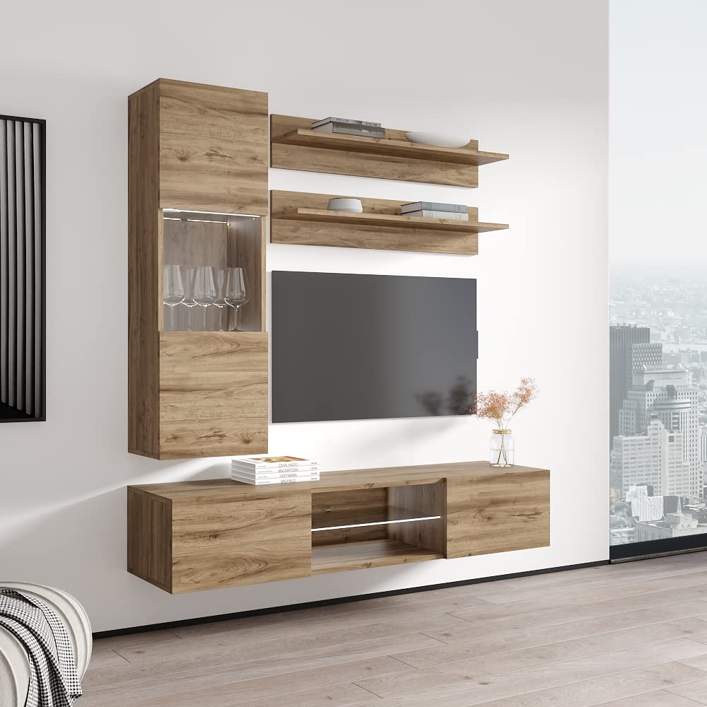 Modern Oak Floating TV Stand with LED Lights & Storage - Wall-Mounted Entertainment Center for Living Room & Bedroom - Space-Saving TV Console with Shelves - Perfect for Small Apartments & Home Theater Setup