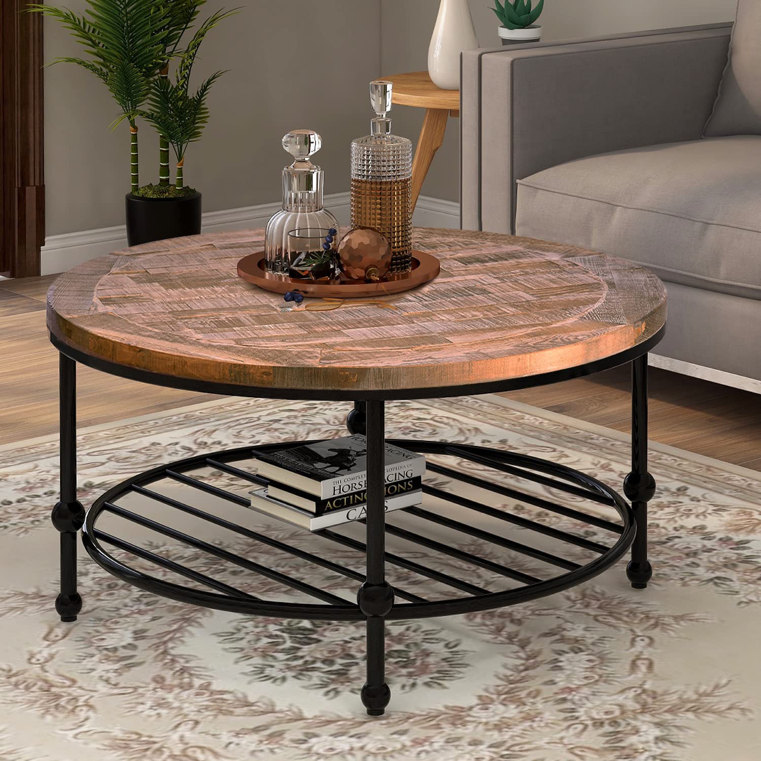 Rustic Round Coffee Table with Wood Tabletop & Metal Legs - 2-Tier Storage Shelf for Living Room, Farmhouse Decor, Home Office, Lounge & Small Space Furniture