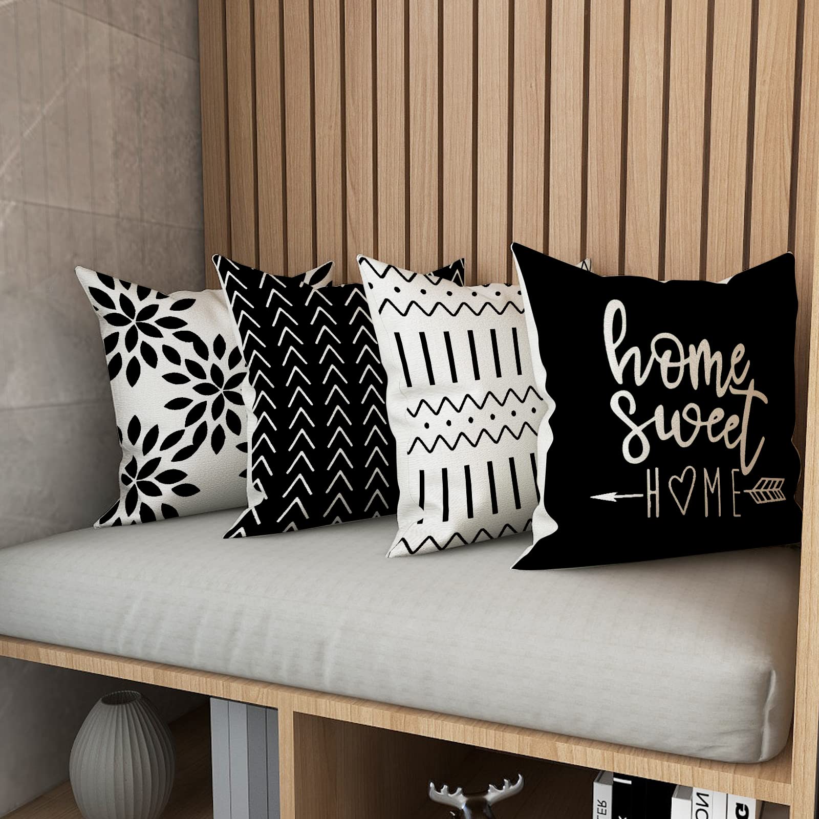 YCOLL 18x18 Inch Pillow Covers Set of 4 - Modern Linen Throw Pillow Cases for Sofa, Couch, Bed & Car - Decorative Outdoor Fabric Cushion Covers in Black - Perfect for Living Room, Patio & Home Decor