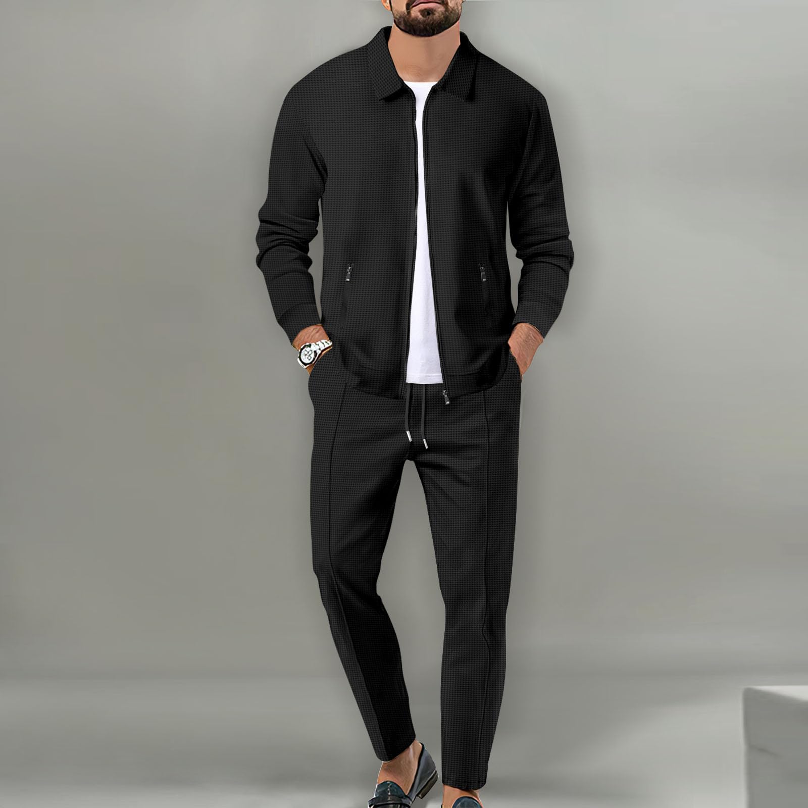 Veriliss Men's 2-Piece Waffle Soft Tracksuit Set - Sporty Hoodie & Jogger Pants for Gym, Running, and Casual Wear