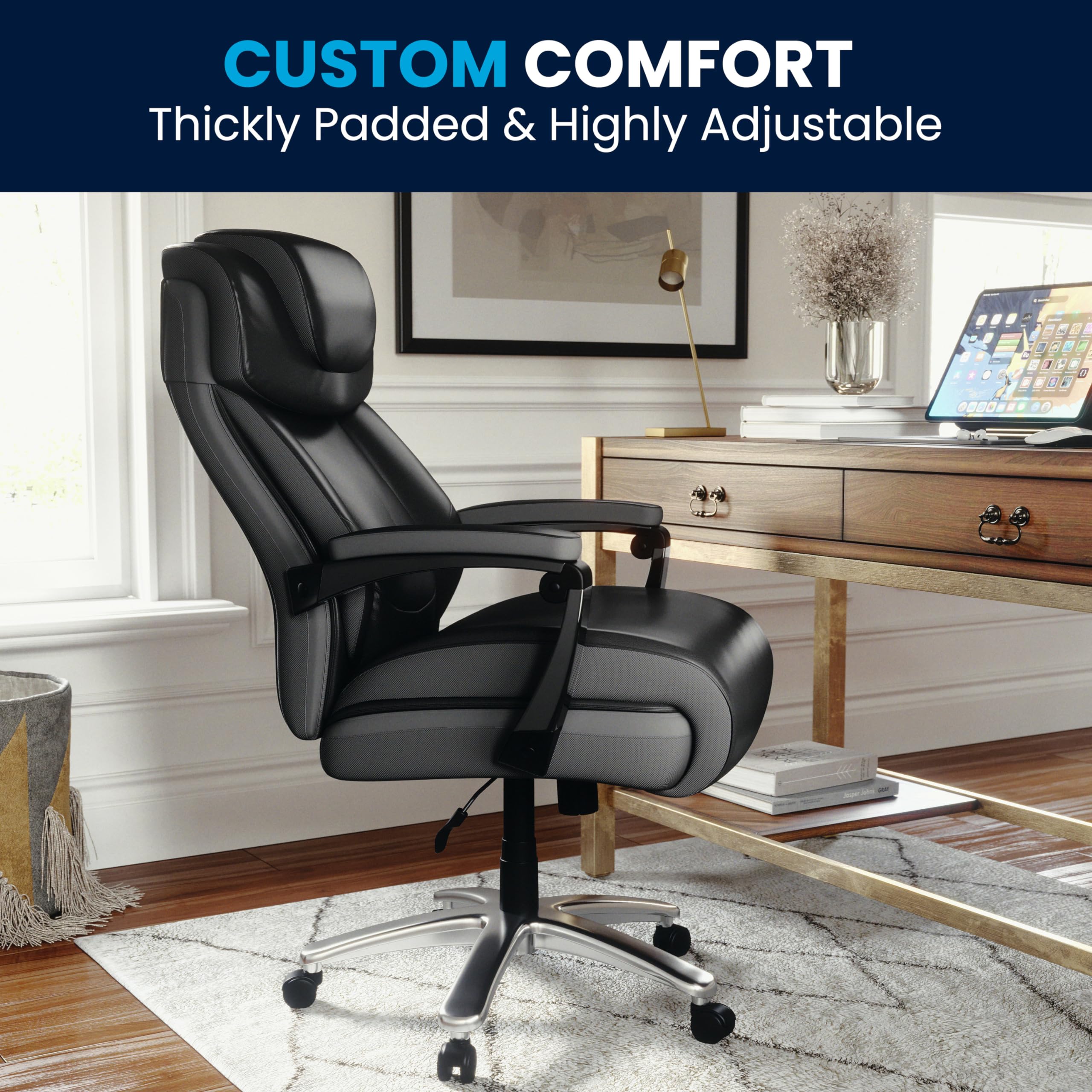 500 lb. Capacity Big & Tall Black LeatherSoft Ergonomic Office Chair with Adjustable Headrest - Heavy Duty Executive Desk Chair for Home & Office Workspace, Gaming, and Long Hours Sitting Comfort