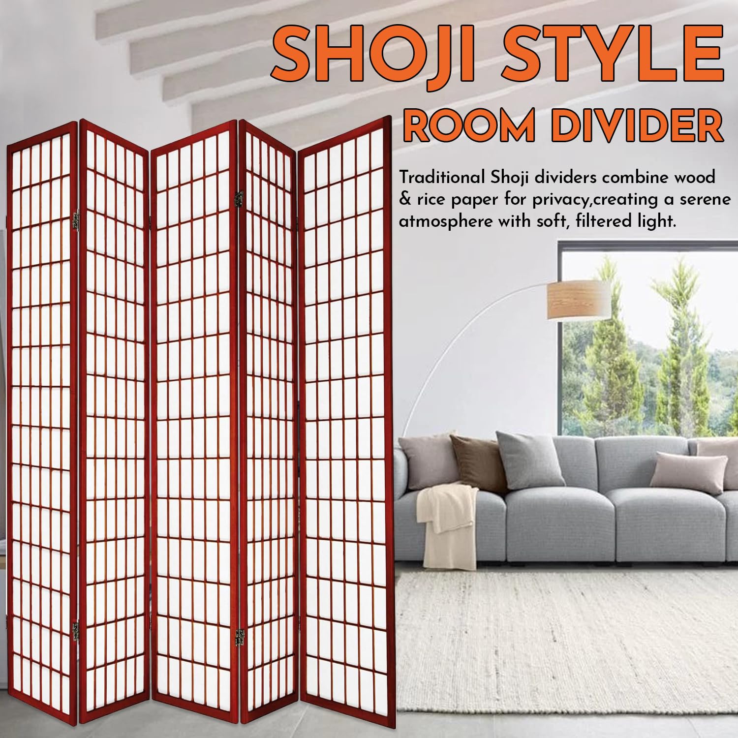 Legacy Decor 5-Panel Room Divider - 6ft Tall Portable Folding Privacy Screen - Shoji Style Freestanding Partition for Bedroom, Office & Studio - Cherry Wood Finish | Perfect for Home Decor, Room Separation & Dressing Area Privacy