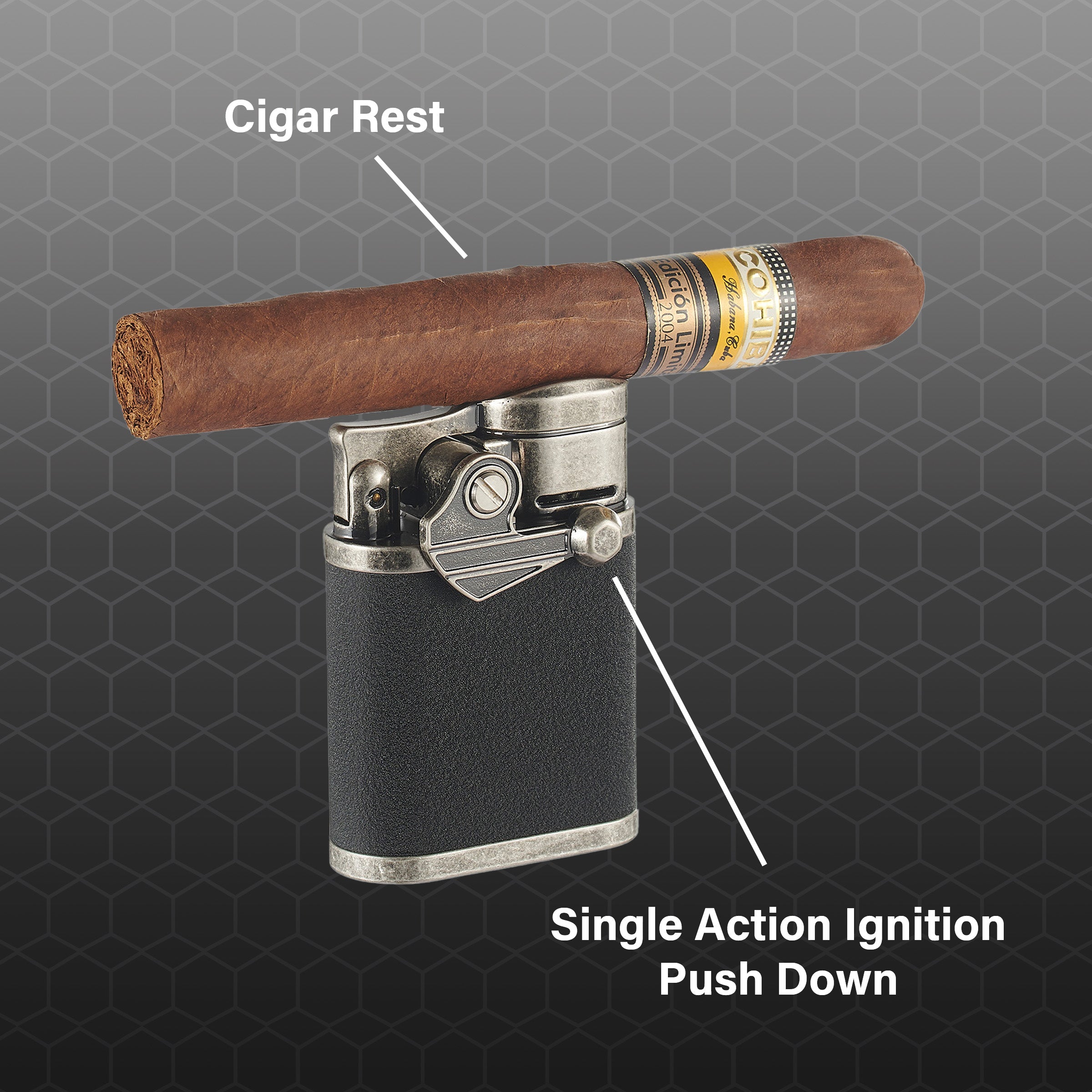Visol Orient Gunmetal Quad Flame Butane Table Lighter - Windproof Refillable Cigar Lighter for Cigars, Candles, Fireplaces & Outdoor Use