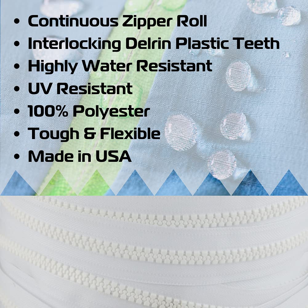 EZ-Xtend #10 Lenzip Chain Vislon Zipper by The Yard with Locking Sliders - Heavy Duty Replacement Zipper for Boat Cushions, Duffle Bags, Backpacks & Sewing Projects (5 Yards & 4 Double Pulls) - Perfect for Marine Upholstery, Travel Gear & DIY Crafts