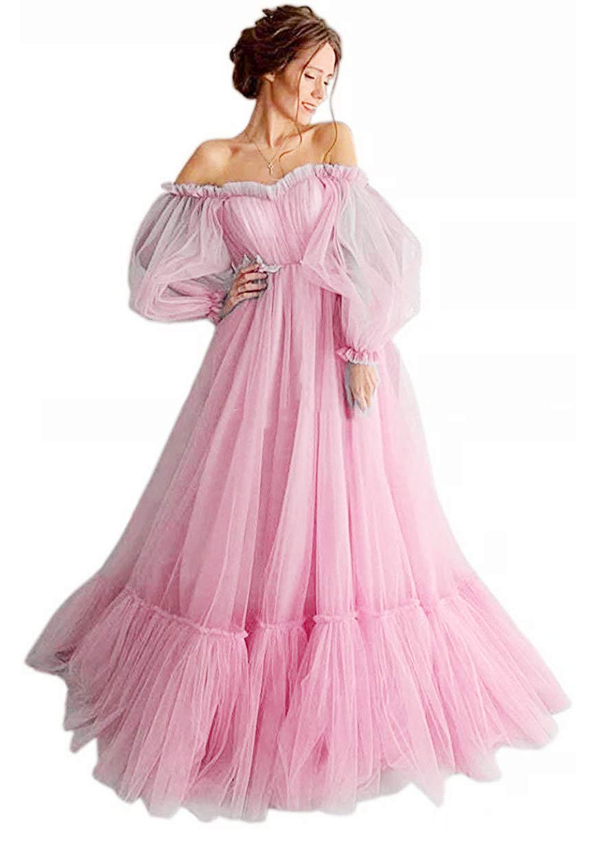 Elegant Pink Off Shoulder Open Back Prom Dress for Women - Long Sleeve Quinceañera Gown for Formal Events, Homecoming & Special Occasions