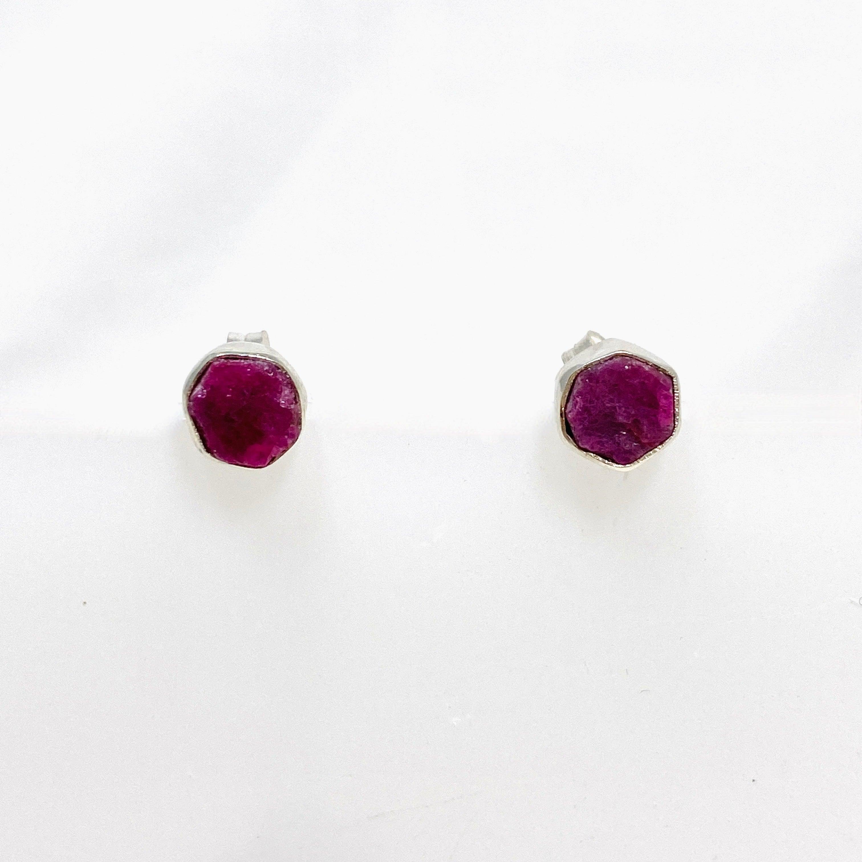 Natural Raw Ruby Hexagonal Stud Earrings - 925 Sterling Silver Handmade Jewelry for Women - Perfect for Daily Wear, Gifts & Special Occasions