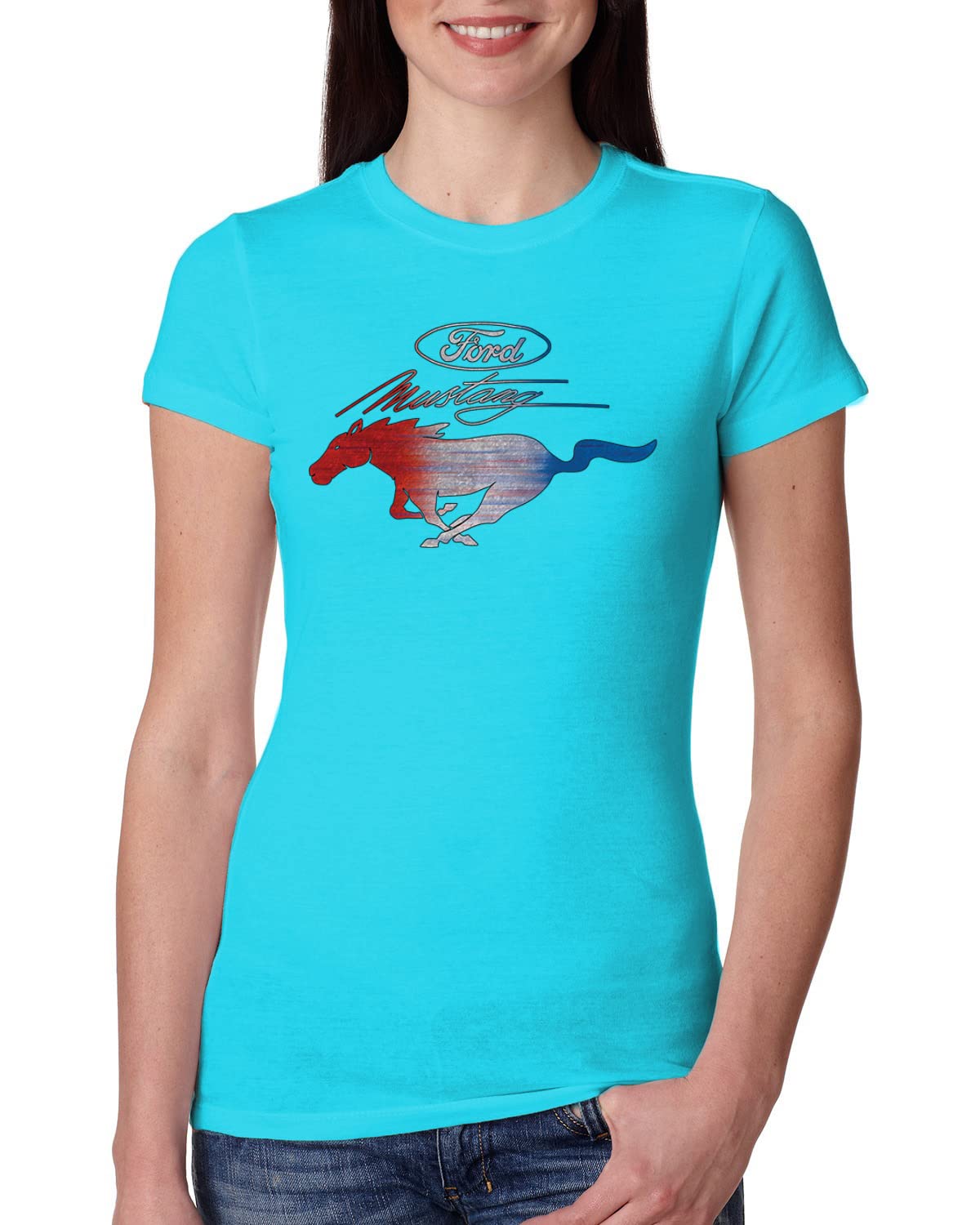Ford Mustang T-Shirt for Women - USA Flag & Mustang Emblem Design - Slim Fit Junior Tee - Perfect for Car Enthusiasts, Casual Wear & Mustang Fan Gifts