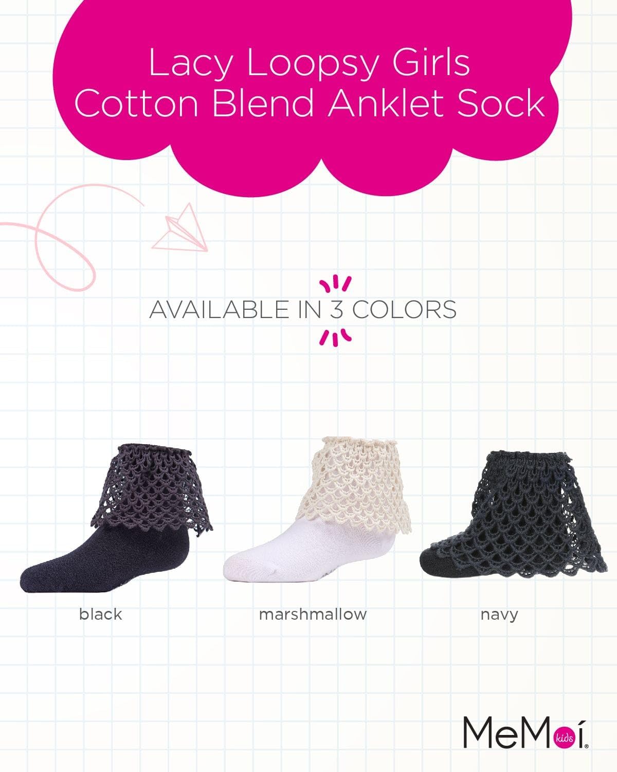 MeMoi Girls' Lacy Loopsy Cotton Blend Anklet Socks - Cute & Comfortable Socks for School, Dance, or Everyday Wear