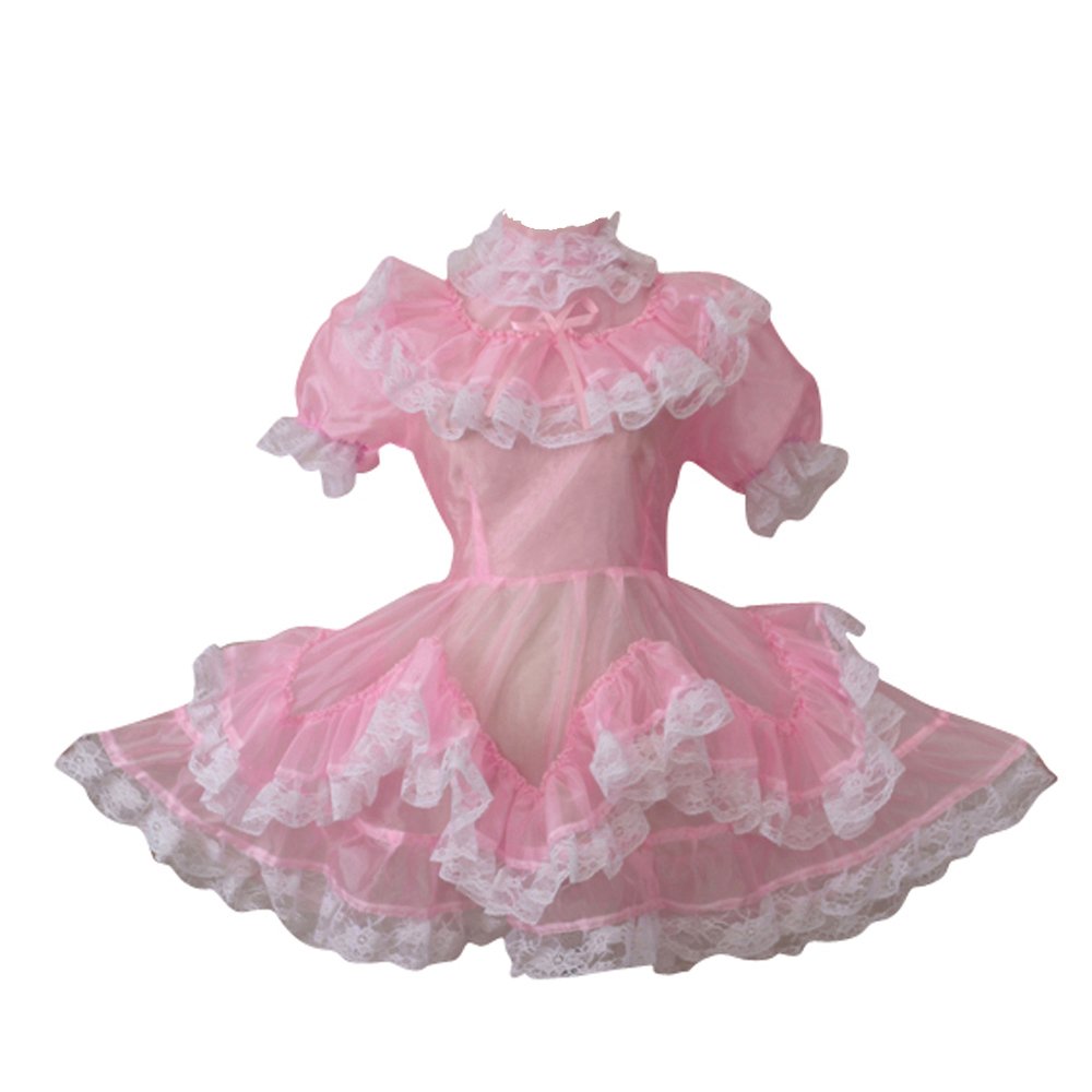 Elegant Pink Organza Lockable Maid Dress Uniform for Women - Perfect for Cosplay, Halloween, and Themed Parties